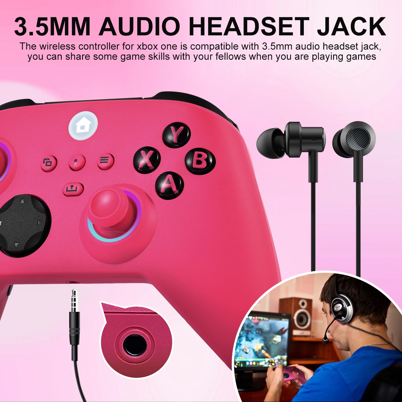 HaeBorl Xbox One Controller, RGB LED Light 2.4GHz Wireless Controller Compatible with Xbox One X/S Xbox Series X/S with 3.5mm Audio Headphone Jack & 800mAh Rechargeable Built-in Battery, Deep Pink