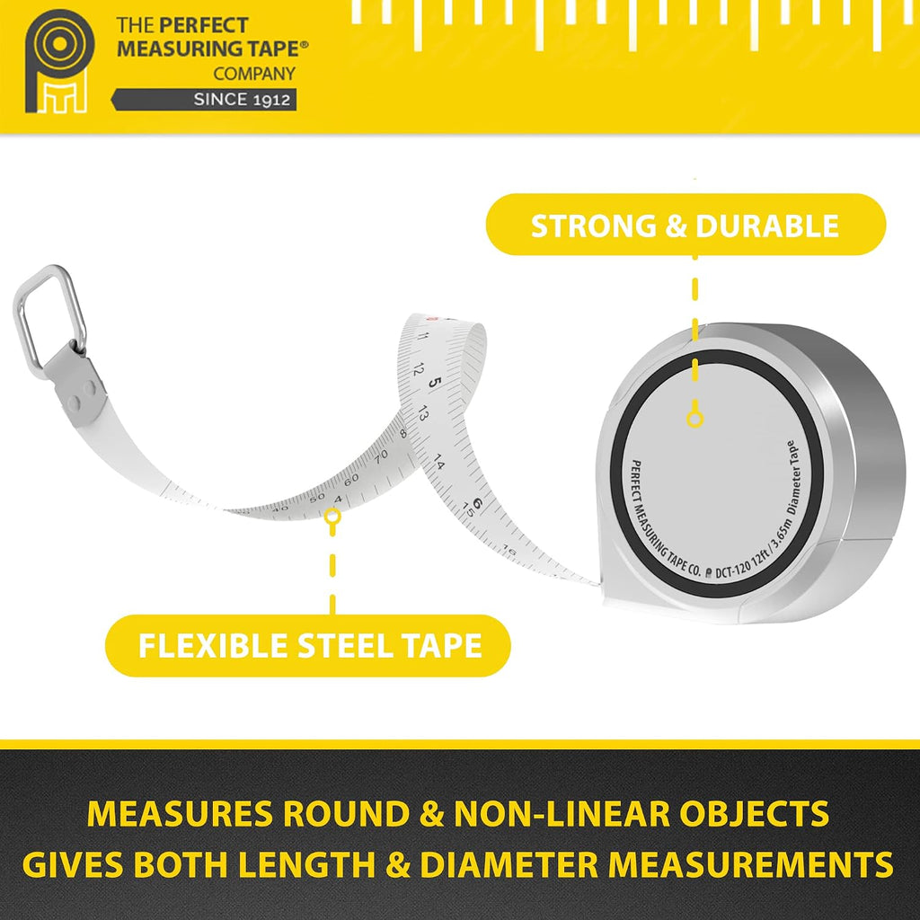 Perfect Pi Diameter Circumference Tape Measure - Imperial and Metric Tape Measure 1/2-inch By 12ft / 3.5m - Use for Measuring Cylindrical Objects - (Pipe Tape, Tree Tape) Model DCT120