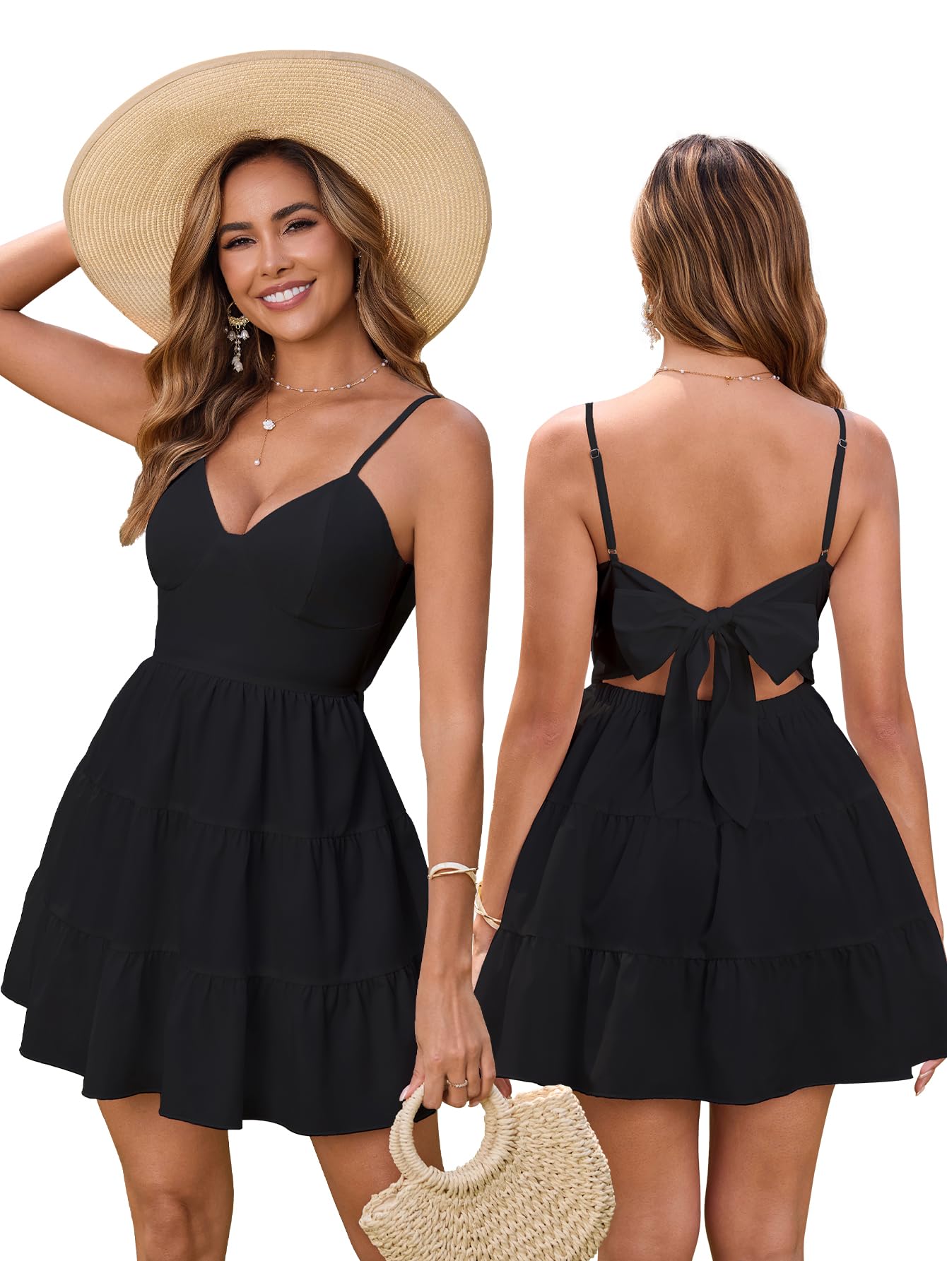 HTZMO Women Casual Summer Floral Mini Sundress V Neck Bow Tie Backless Flowy Cute Graduation Boho Beach Short Dress