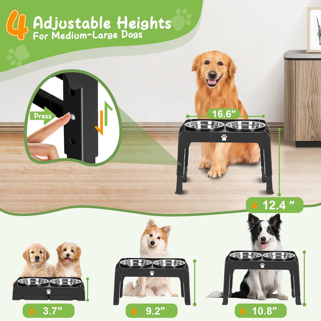 Elevated Dog Bowls 3 Height Adjustable Raised Bowl Stand with 25oz Stainless Steel Dog Food Bowls Anti-Slip for Small Dogs Adjusts to 7.5", 6", 2.75", Black