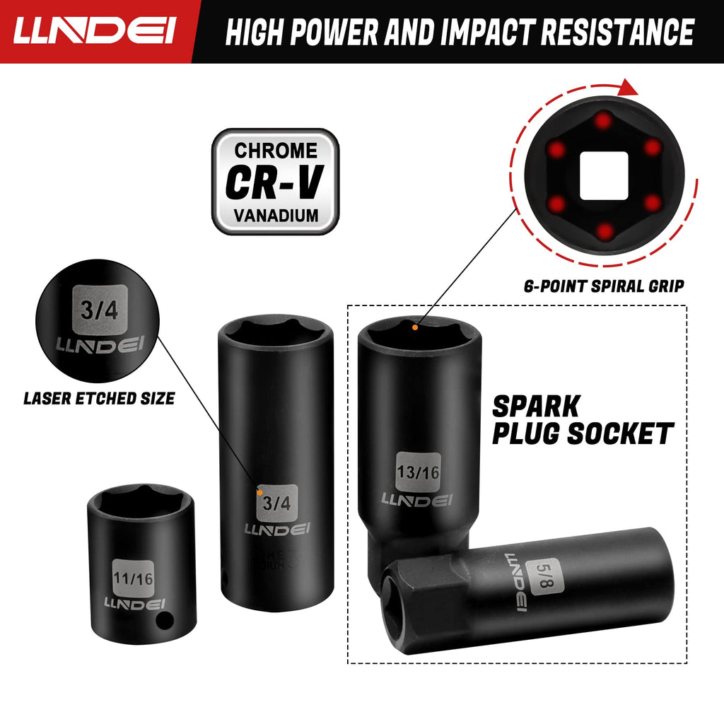 LLNDEI 1/2 inch Drive Deep Impact Socket Set, 37 Piece Standard SAE 3/8" to 1-1/4" | Metric 8 to 24mm, Includes Spark Plug Socket (16, 21mm), CR-MO Universal Joint, Extension Bars and Adapter