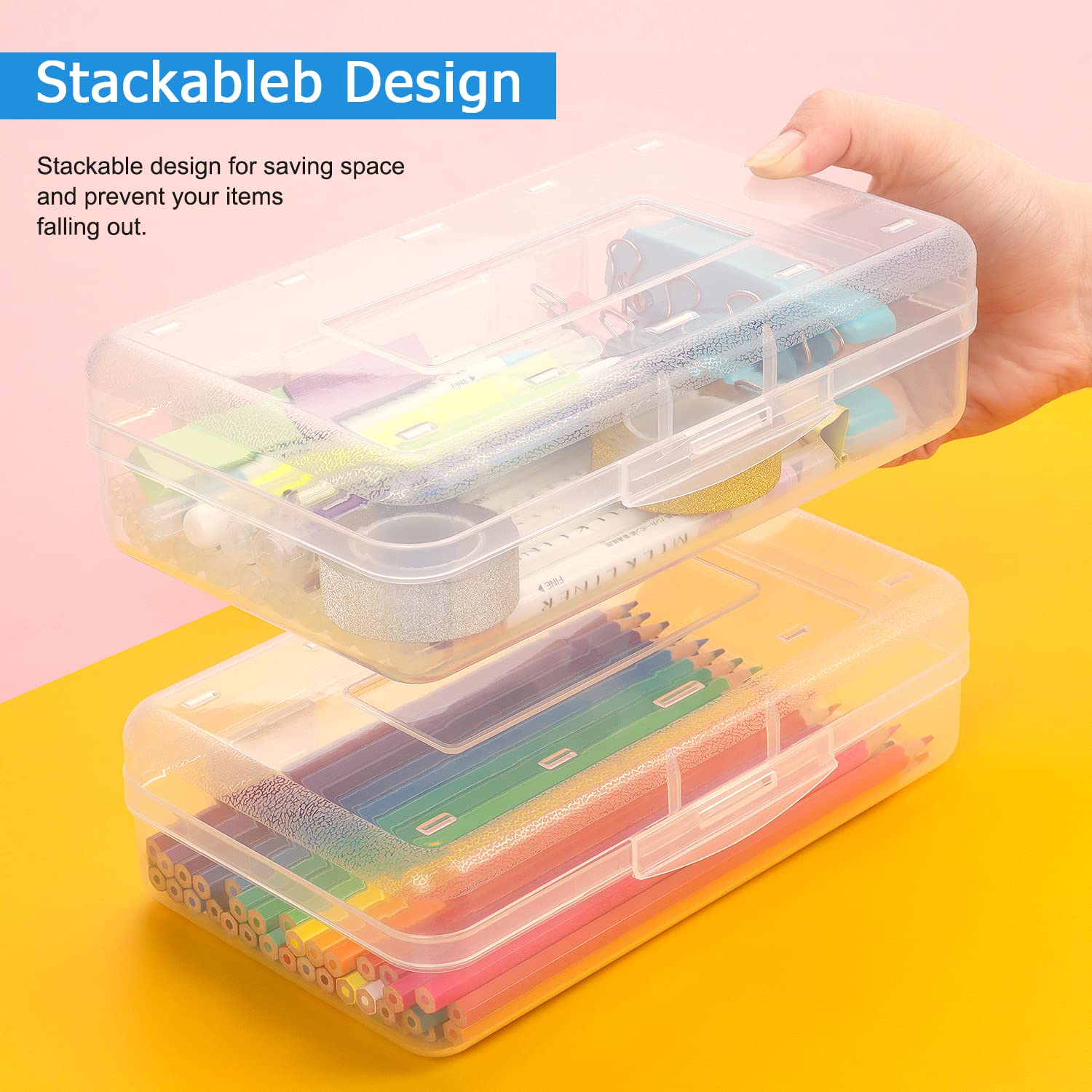 Tamaki 1 Pack Plastic Pencil Box Large Capacity Pencil Boxes Clear Boxes with Snap-tight Lid Stackable Design and Stylish Office Supplies Storage Organizer Box, Black