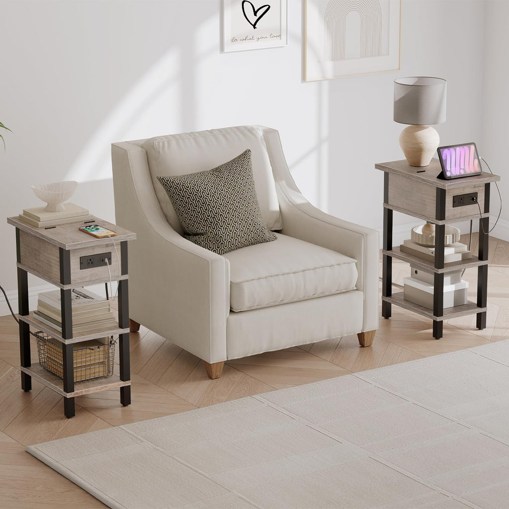 HOOBRO End Table with Charging Station, Flip Top Side Table with USB Ports, Narrow Nightstand Bedside Tables with Storage Shelves, for Small Space, Living Room, Black BK141UBZ01