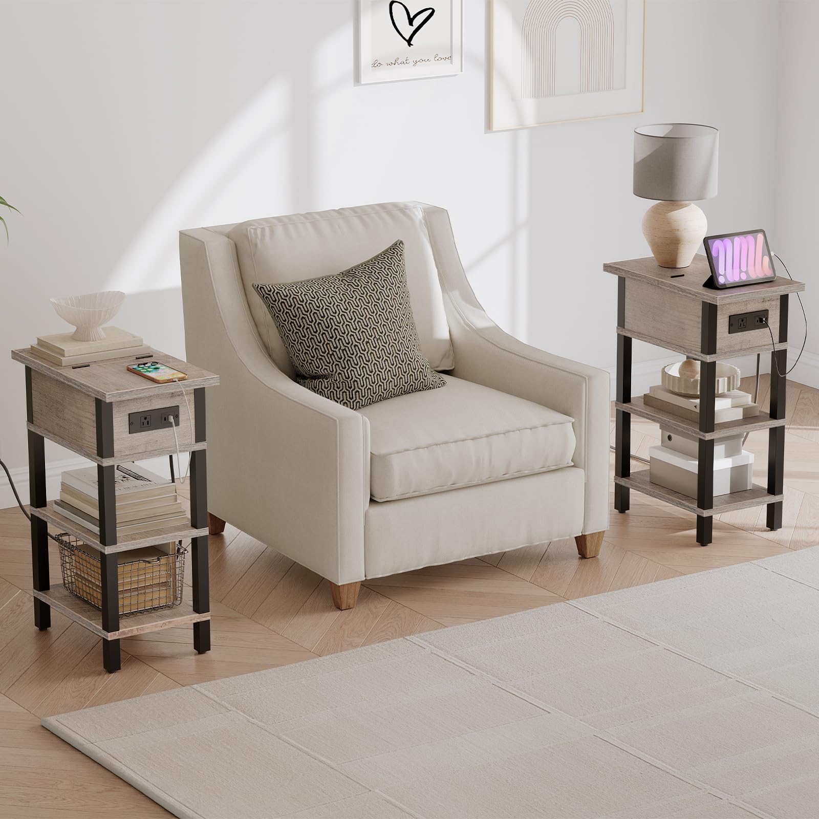 HOOBRO End Table with Charging Station, Flip Top Side Table with USB Ports, Narrow Nightstand Bedside Tables with Storage Shelves, for Small Space, Living Room, Black BK141UBZ01
