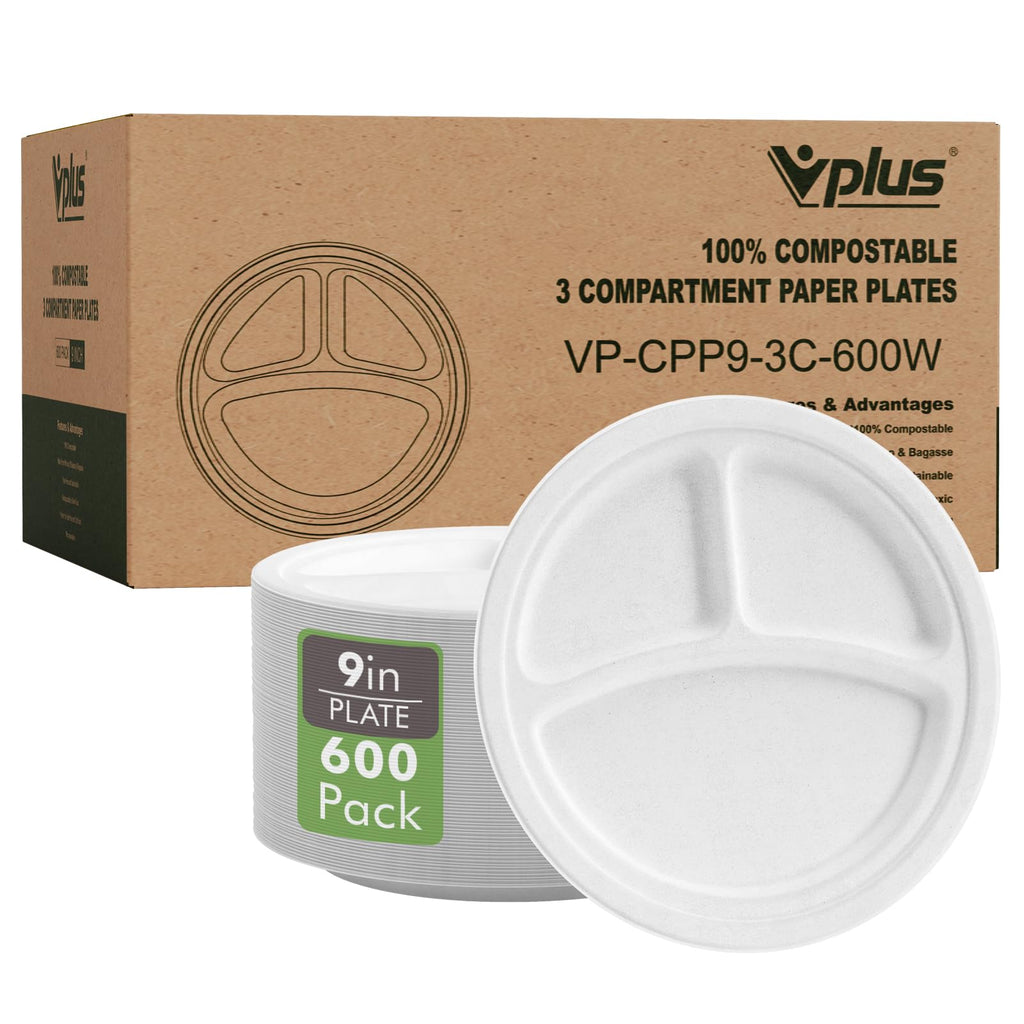 Vplus 100% Compostable Paper Plates, 500 Pack 10 Inch 3 Compartment Plates Disposable, Heavy Duty Biodegradable, Made of Sugar Cane Fibers, for Daily meals, Dinner, Parties, BBQ