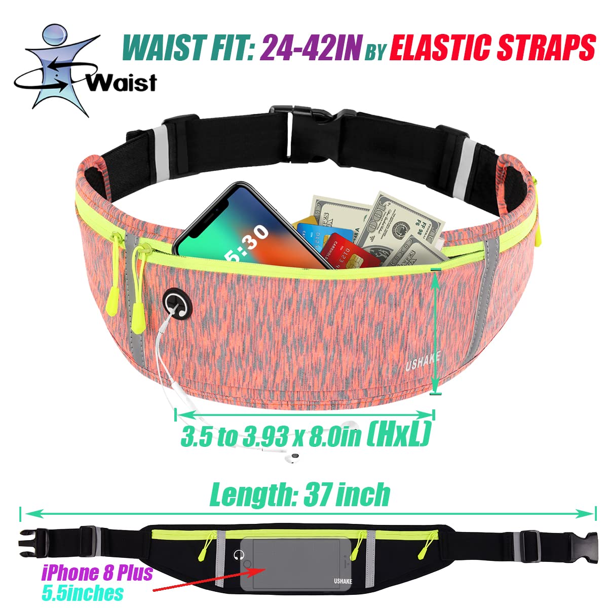 USHAKE Slim Running Belt, Workout Fanny Pack for Men Women,Exercise Waist Pack for Apple iPhone Holder, Runner Belt for Running Walking Cycling Camping Gym Black