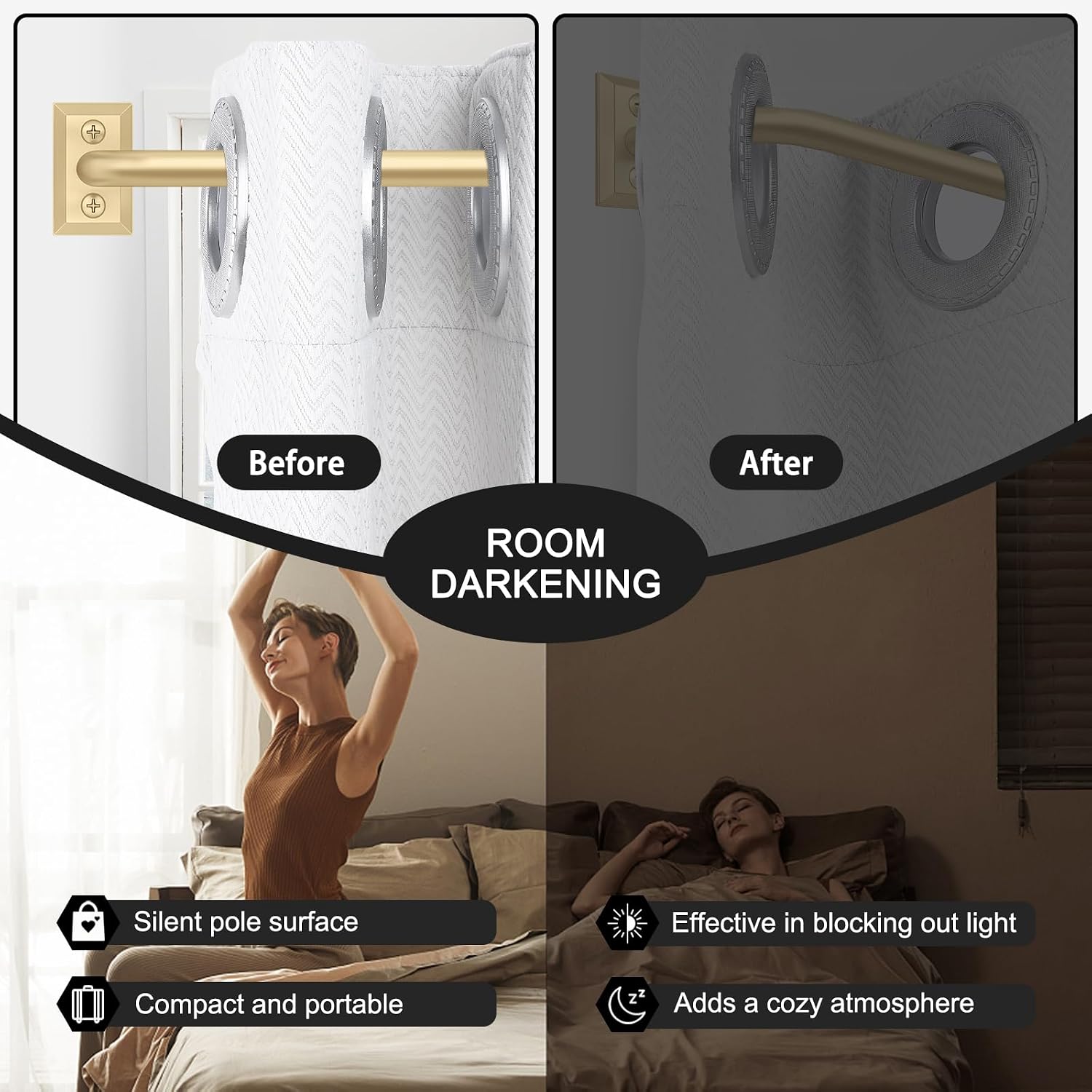 Hei!Dear 2 Pack Blackout Curtain Rod for Windows 28 to 48 inch (2.33-4Ft), Wrap Around Room Darkening Curtain Rods, 5/8" Samll Adjustable Modern Decorative Window rod,Gold