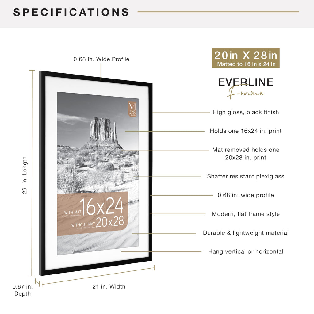 MCS Everline Collection 14x20 Matted Poster Frame with 11x17 Picture Display, Black Vertical & Horizontal Wall Hanging Large Frame for Photos, Posters & Art Prints (1-Pack)