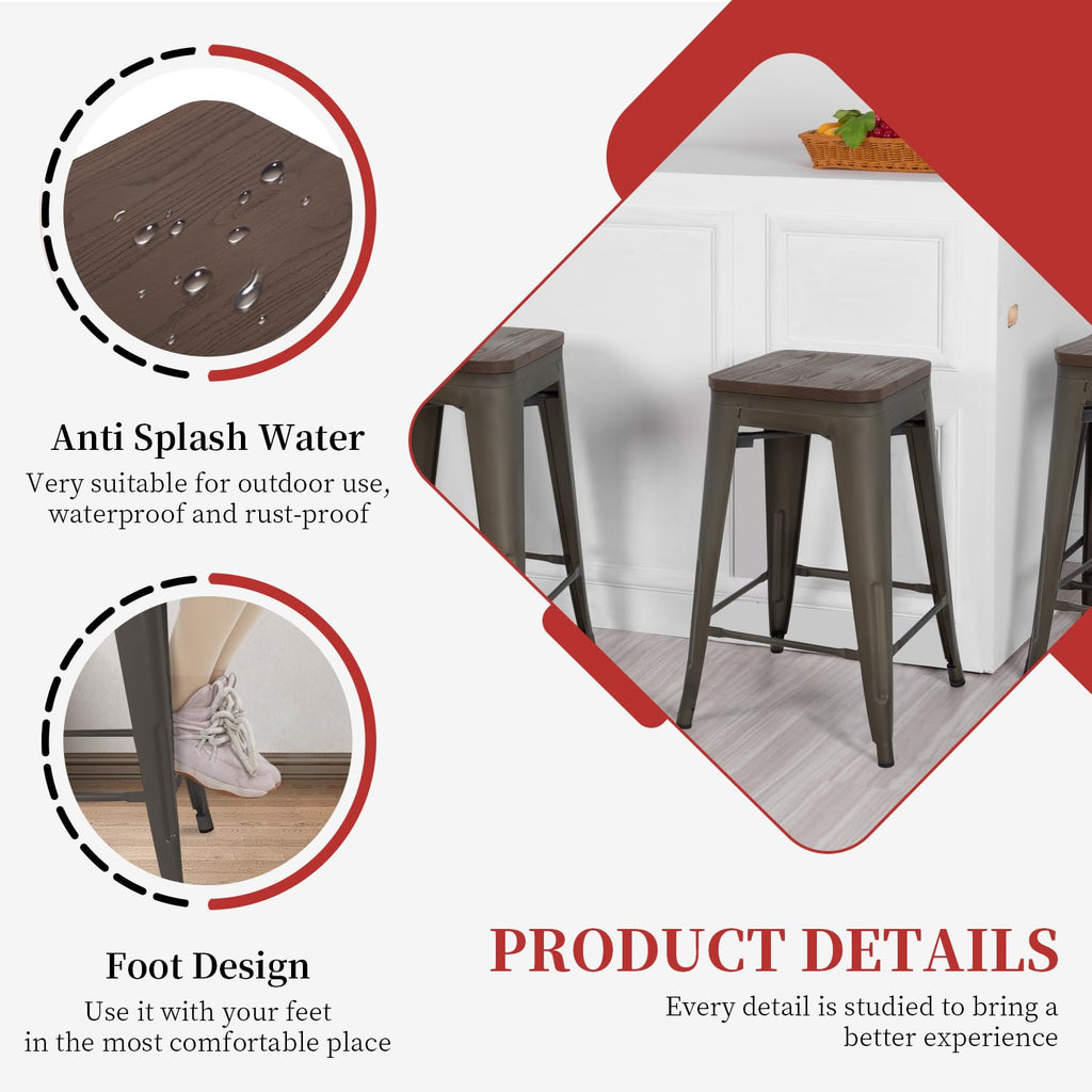 FDW Metal Bar Stools Set of 4 Counter Height Bar Stools 24 Inches Industrial Bar Chairs Patio Stool Stackable Backless Stool Indoor Outdoor Metal Kitchen Stools Bar Chairs (Black, 24")