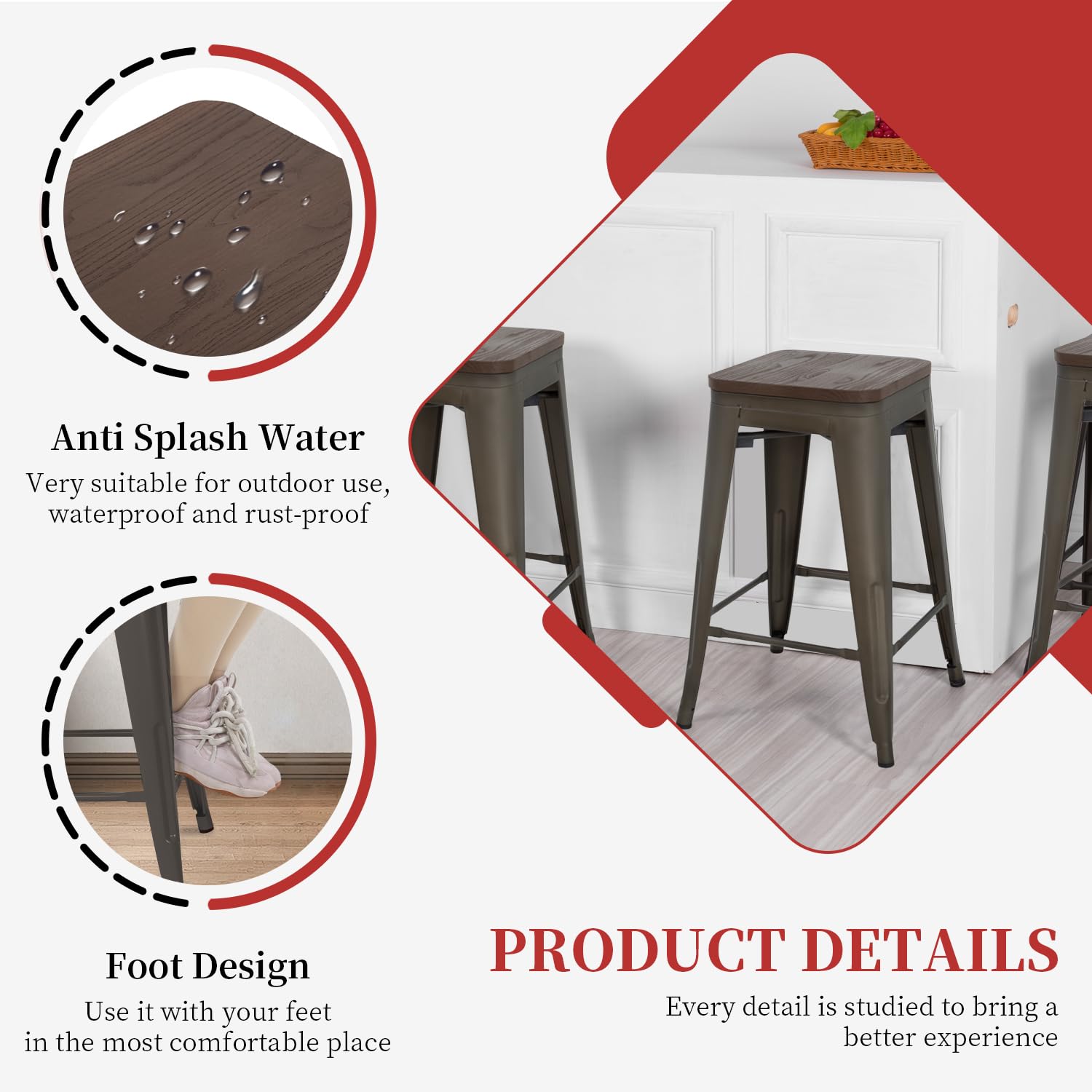 FDW Metal Bar Stools Set of 4 Counter Height Bar Stools 24 Inches Industrial Bar Chairs Patio Stool Stackable Backless Stool Indoor Outdoor Metal Kitchen Stools Bar Chairs (Black, 24")
