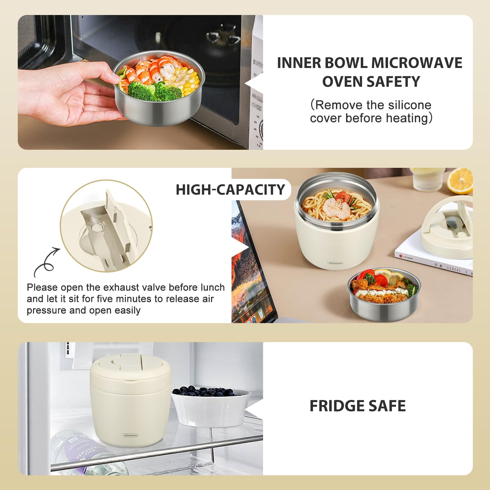 wiwens Thermo Food Jar for Hot Food Adults 32OZ Soup Thermo Lunch Containers Wide Mouth Vacuum Insulated Stainless Steel Leakproof Bento Box with Spoon (Beige)
