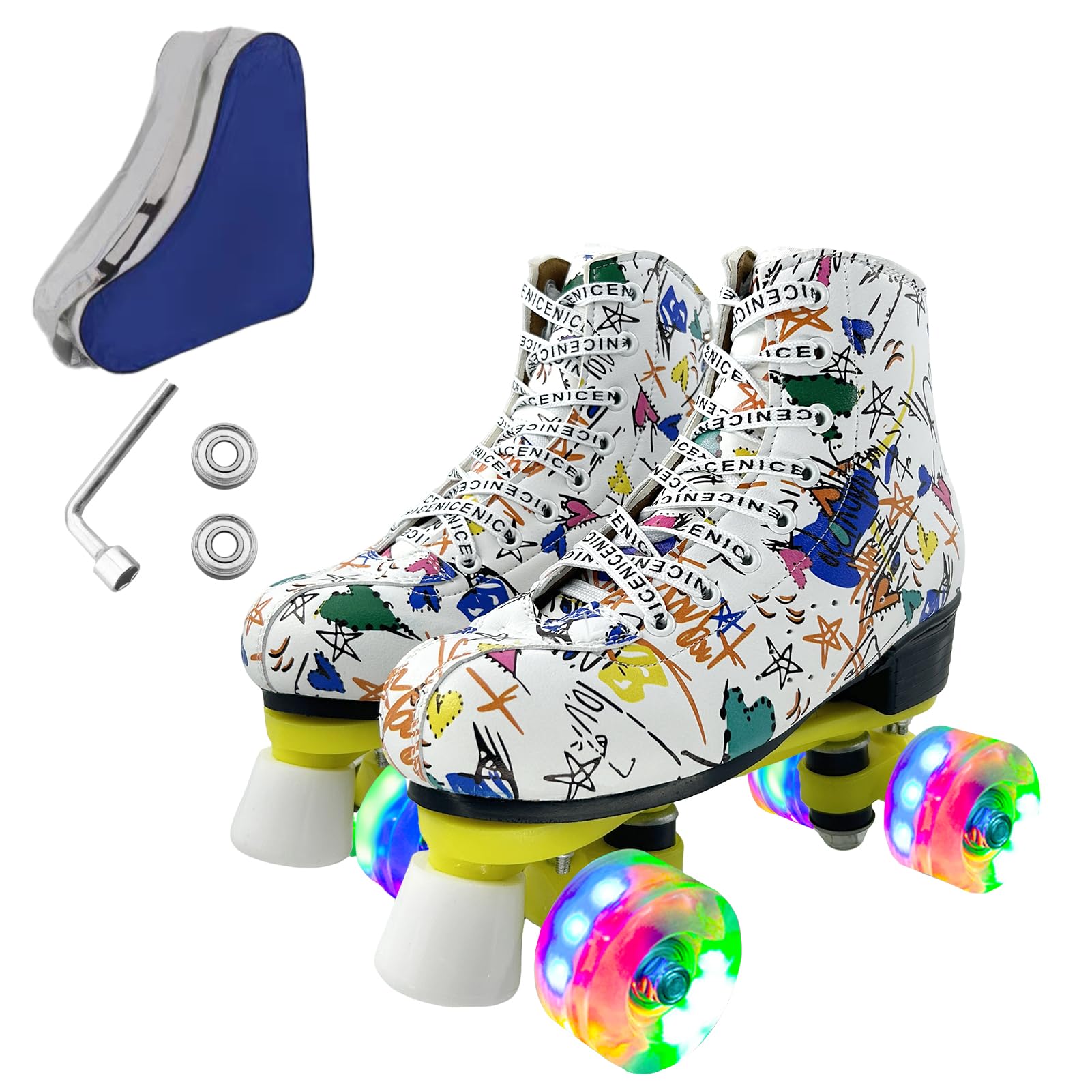 Roller Skates for Men and Women, Black Derby Roller Skates with 4 Shiny Wheel, Classic Double-Row Roller Skates for Indoor and Outdoor