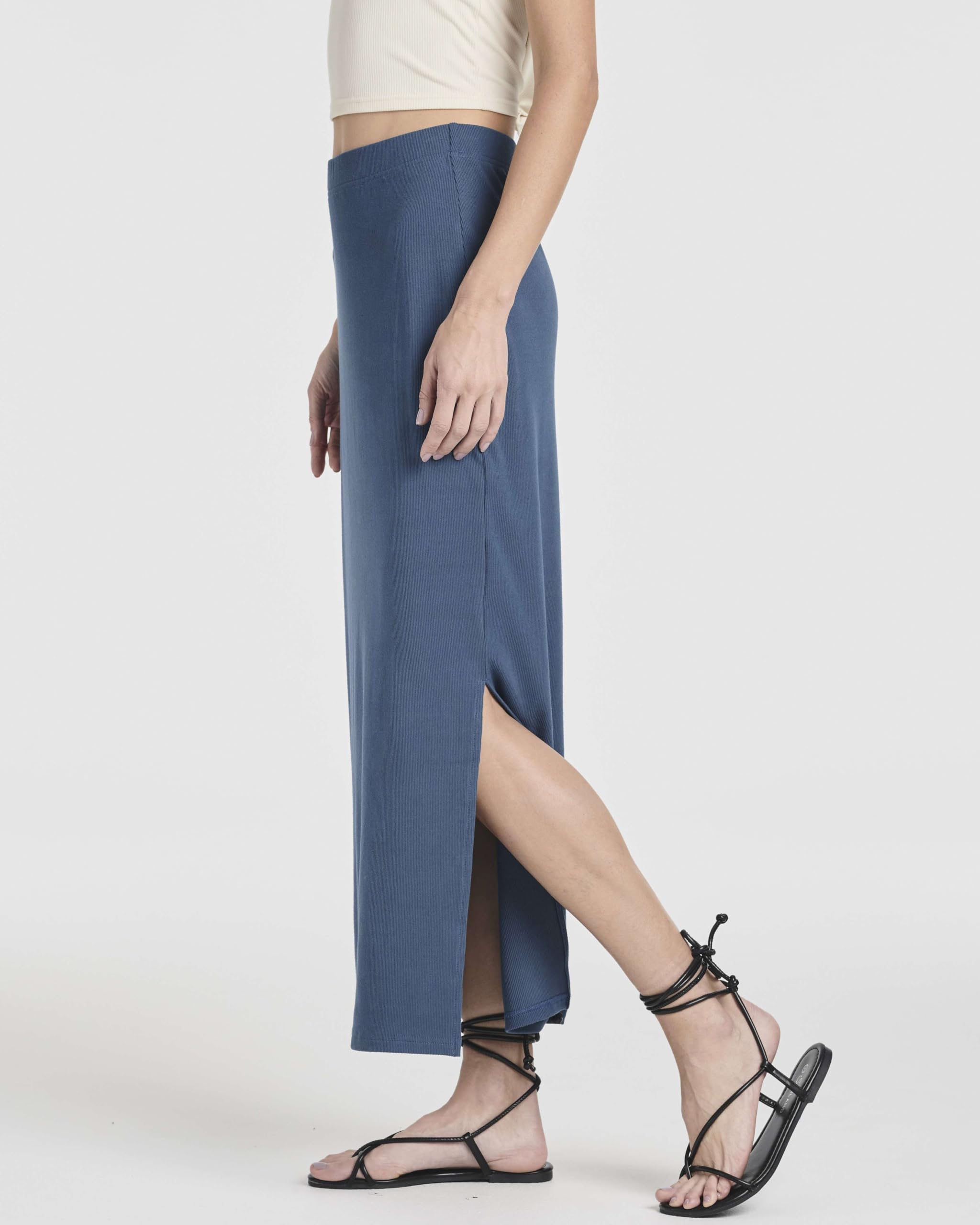 Real Essentials 3 Pack: Women's Ribbed High Waisted Maxi Skirt with Side Slit - Casual Long Pencil Skirt