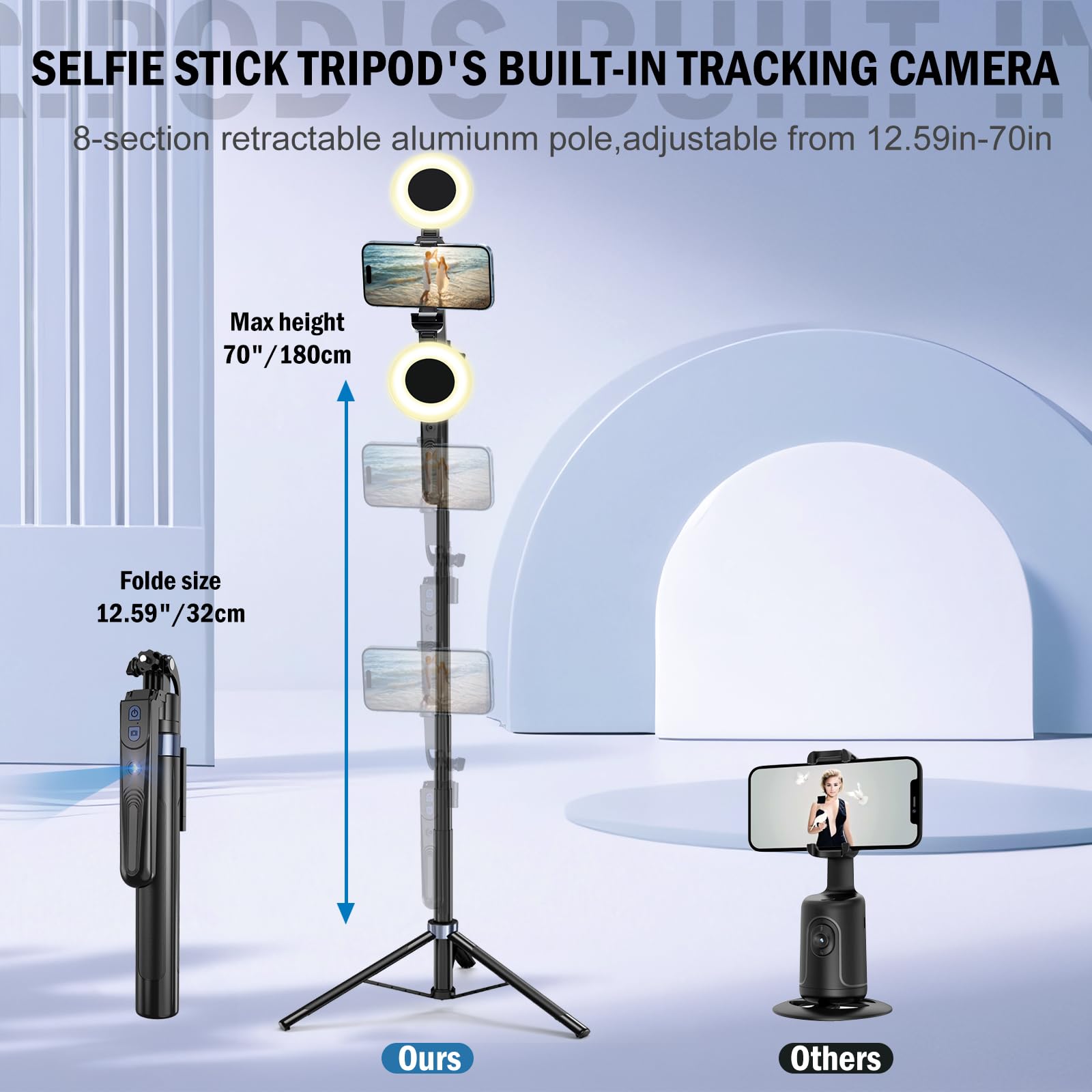 Auto Face Tracking Tripod 360 Rotation with Stand,Android and iPhone Tripod Holder with Remote and Gesture Control, No App,Built-in Tracking Camera Selfie Stick for Vlog Video Recording Tiktok