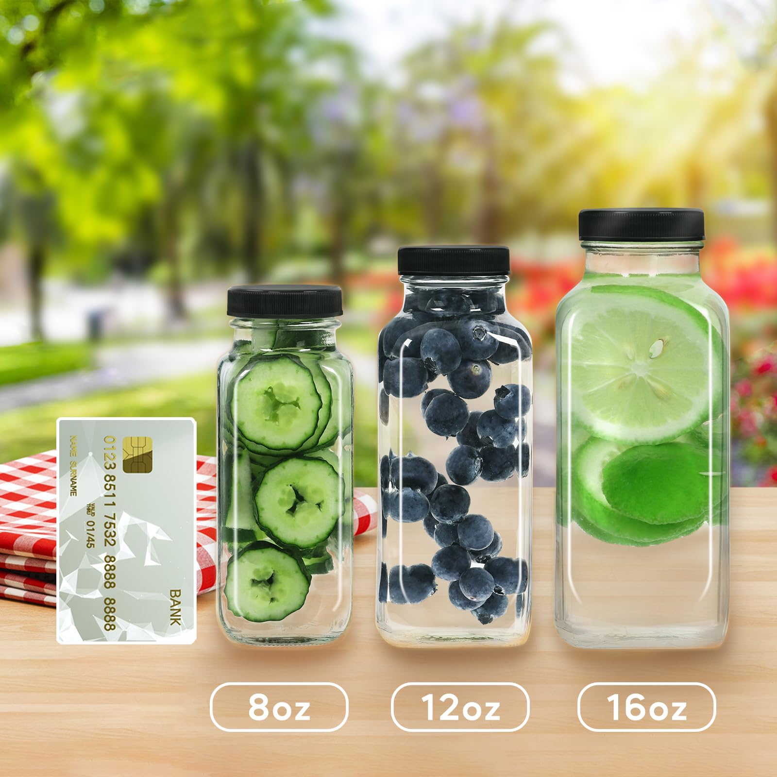 STARSIDE 8 oz Glass Juice Bottles with Lids 12 Pack - Square Reusable Drinking Jars for Juicing, Milk, Kombucha - Includes 1 Bottle Brush, 12 Colored Labels