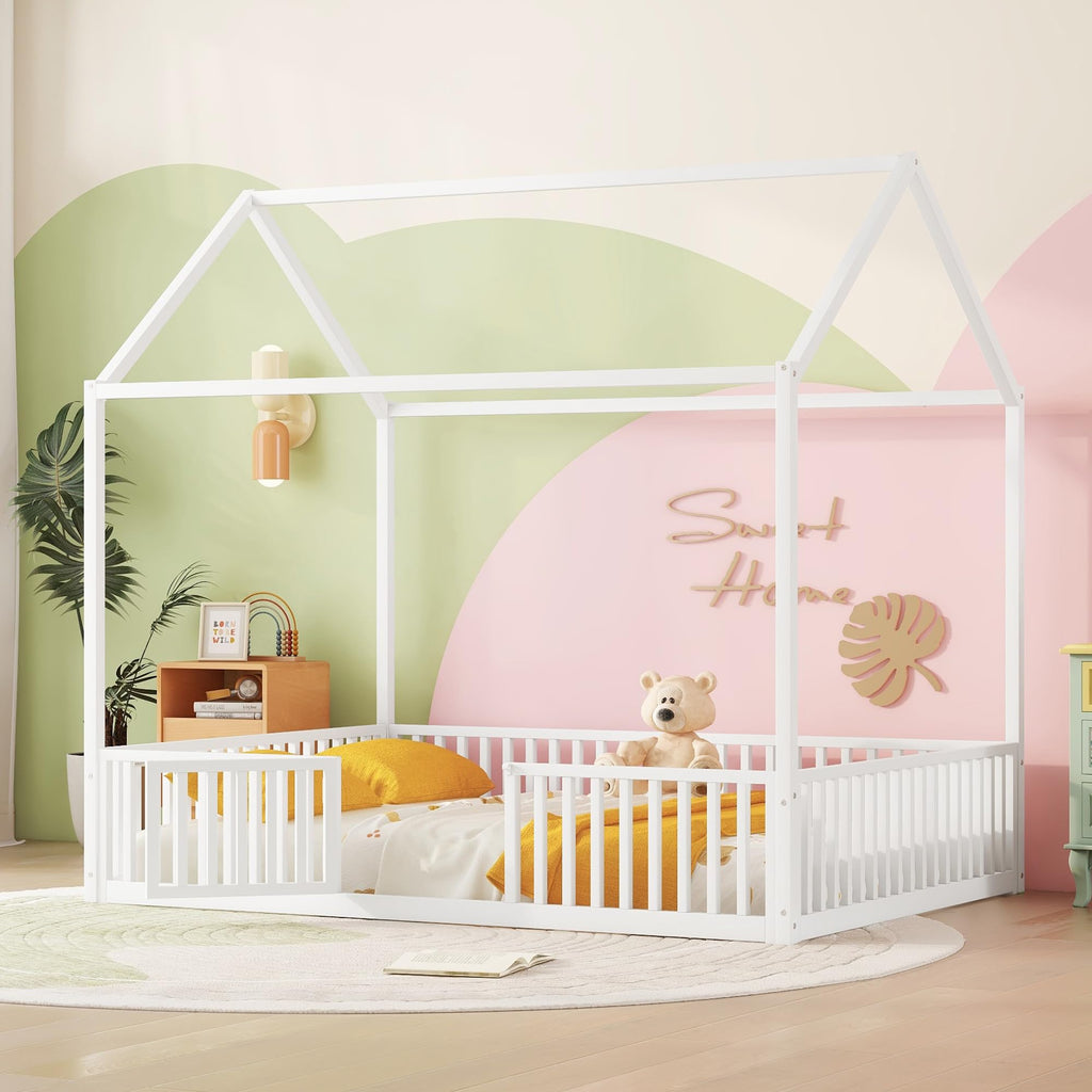 Bellemave Twin Size Montessori Floor Bed, Metal House Bed Framefor Kids, Montessori Floor Beds with Fence, Playhouse for Kids,Black