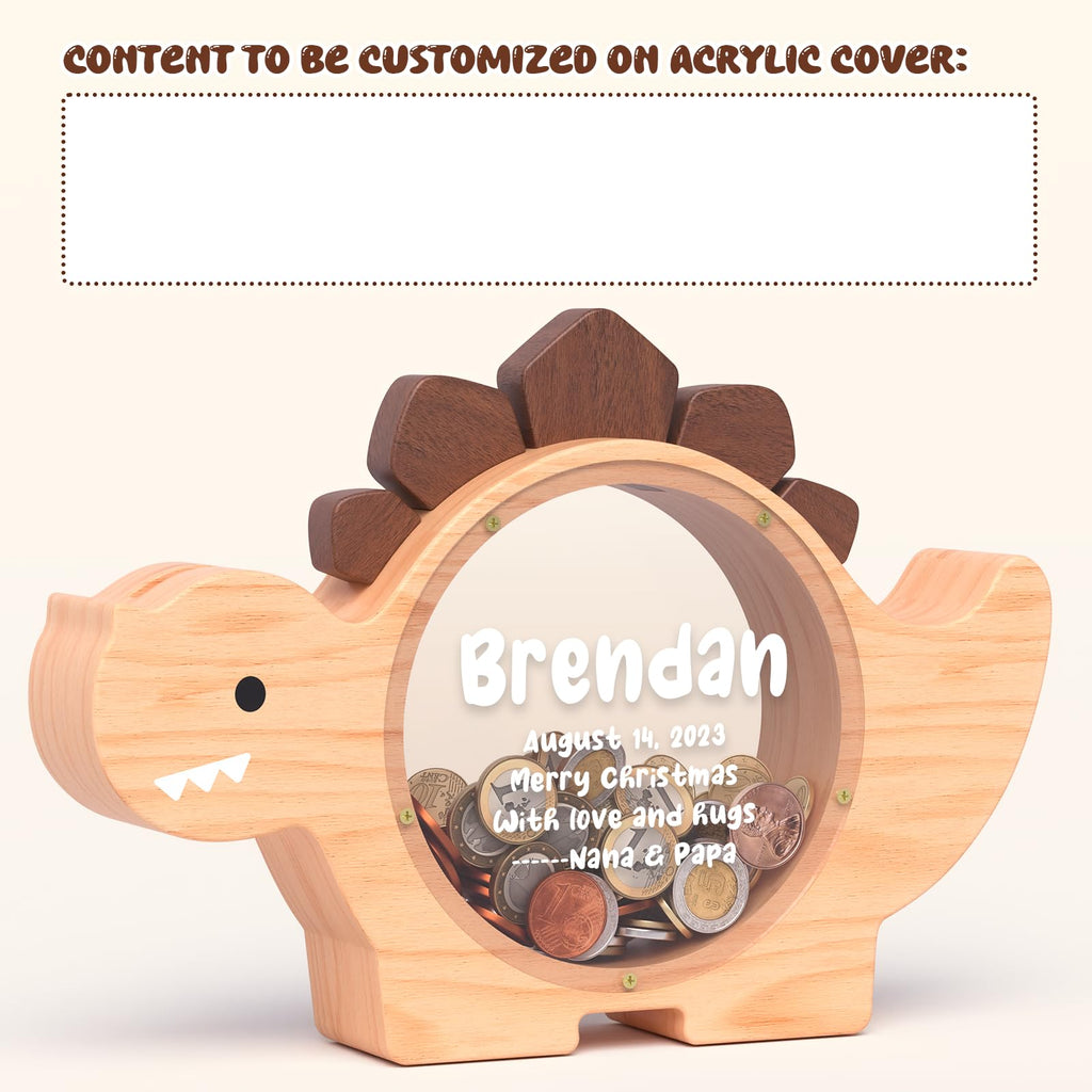 Summidate Wooden Dinosaur Piggy Bank for Kids Boys, Cute Wood Dino Money Bank for Toddlers, Creative Saving Coin Jar, Personalized Present for Child Birthday & Decor (Brachiosaurus, Custom)