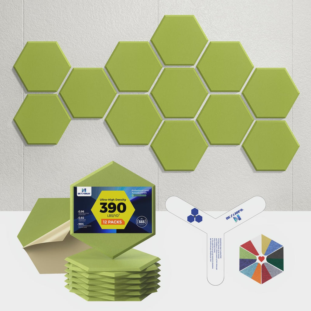 Self-Adhesive Acoustic Panels [390 lbs/yd³ Ultra-High Density], 2nd Generation Sound Absorbing Panel, Professional Level Sound Panel, Polyester Soundproof Foam [Medium Hexagon, Beige]