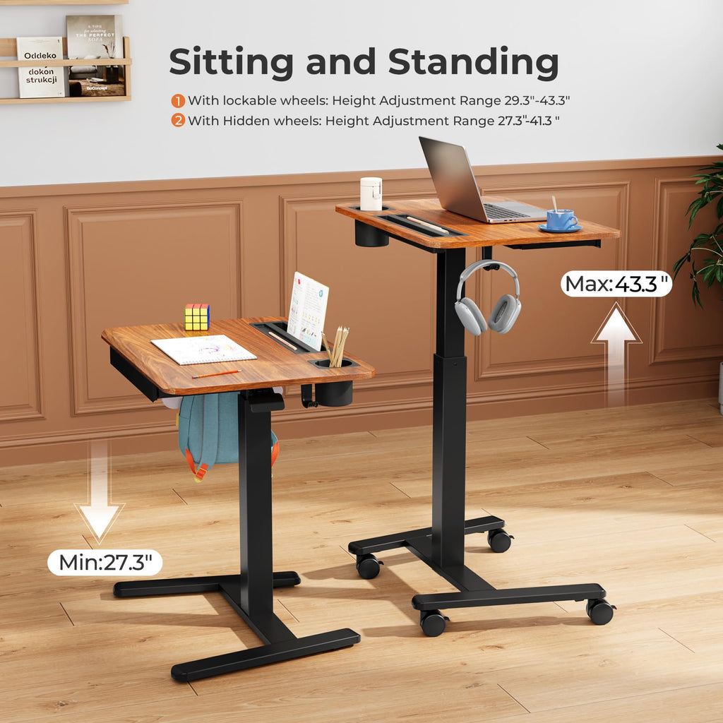 Small Mobile Standing Desk with Drawer, 23.6"x19.7" Rolling Laptop Cart on Wheels, Height Adjustable Sit Stand Computer Workstation with Storage for Compact Space, Black