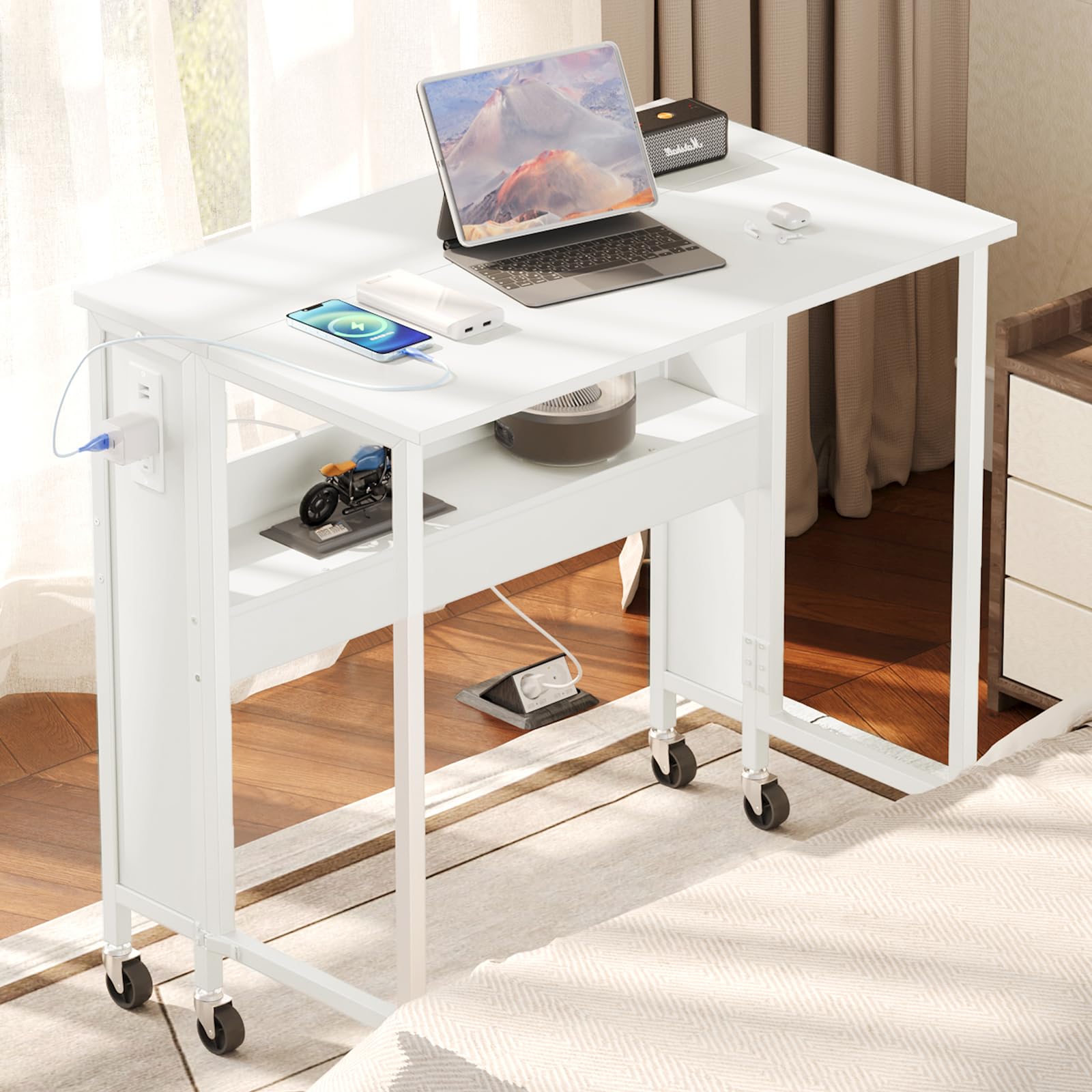 CHOEZON Folding Desk with Power Outlets, 31.5" Rolling Computer Table with Wheels, Portable Office Desk with Storage Shelf for Small Spaces Black TDN01UBB