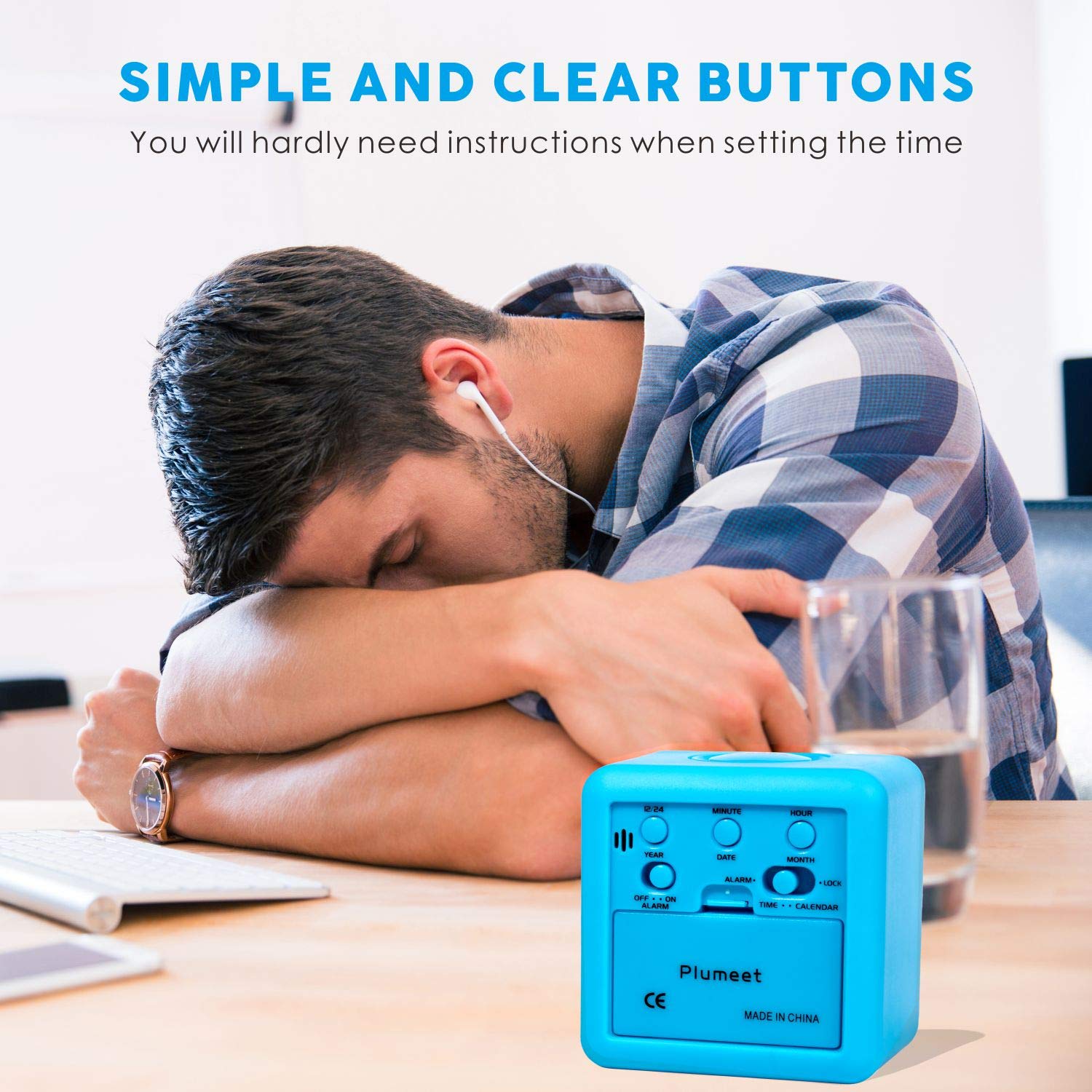 Plumeet Digital Alarm Clock Kids Clock with Snooze and White Nightlight - Easy Setting Travel Alarm Clocks Display Time, Date, Alarm - Ascending Sound - Battery Powered (Baby Blue)