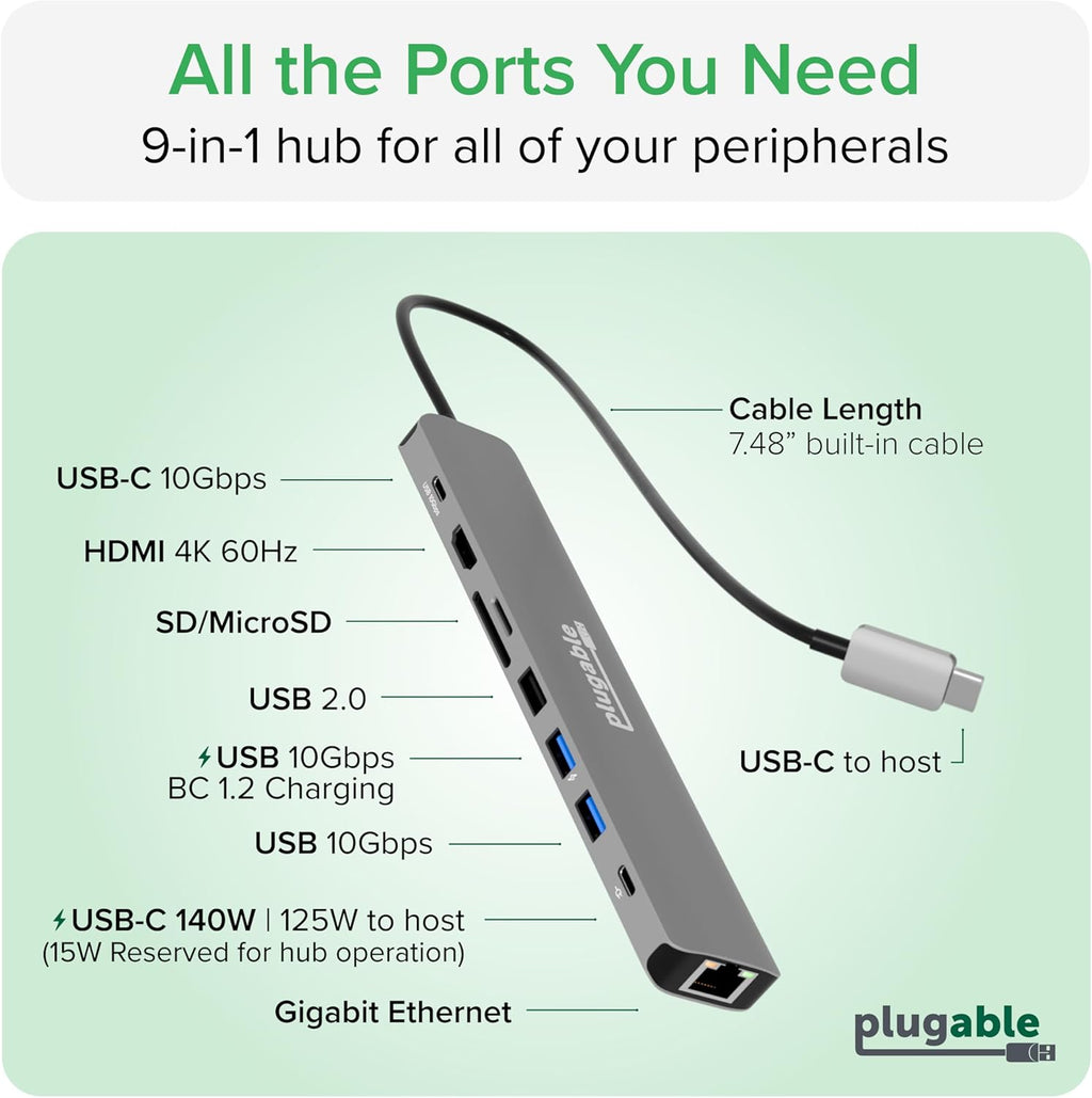 Plugable USB C Hub Multiport Adapter: 9-in-1 with 140W PD Charging, 4K 60Hz HDMI, 10Gbps Data Transfer, Gigabit Ethernet, SD for USBC, USB4, Thunderbolt MacBook, Windows, Chromebook (USBC-9IN1E)