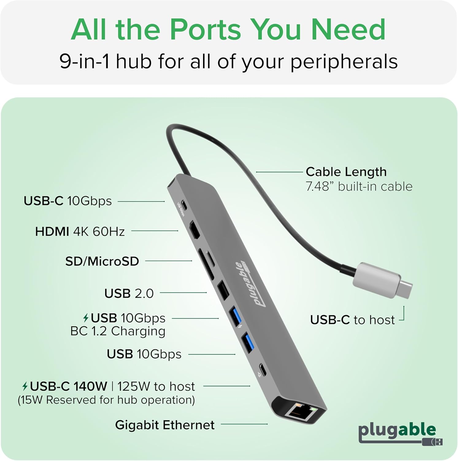 Plugable USB C Hub Multiport Adapter: 9-in-1 with 140W PD Charging, 4K 60Hz HDMI, 10Gbps Data Transfer, Gigabit Ethernet, SD for USBC, USB4, Thunderbolt MacBook, Windows, Chromebook (USBC-9IN1E)