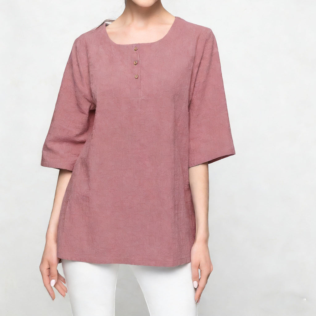 Minibee Women's 3/4 Sleeve Cotton Linen Jacquard Blouses Top T-Shirt