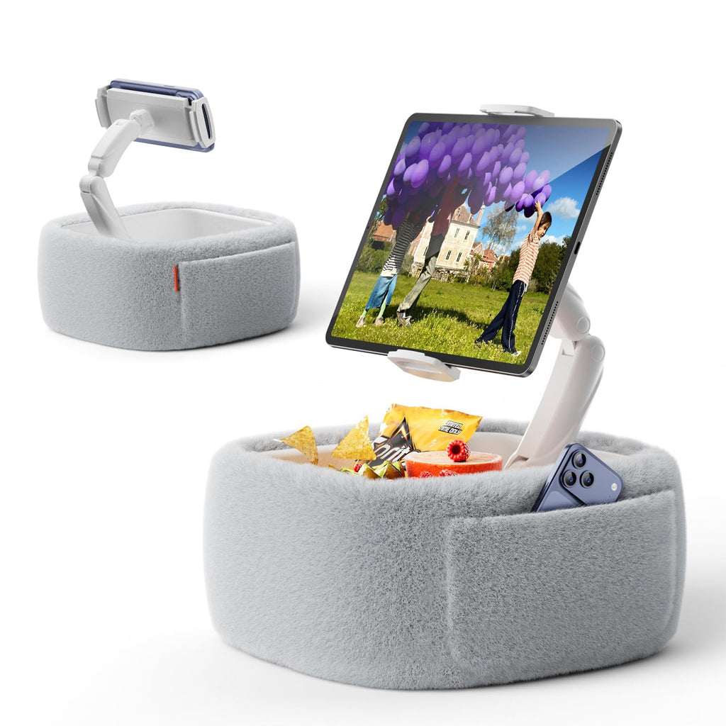LULULOOK Tablet Pillow Stand, Compatible with iPad, iPhone and 4.7-14.6”Tablet, 360° Adjustable Kindle Pillow Stand for Bed with Ultra Fluffy Fabric & Snack Bowl (Cloudy White)