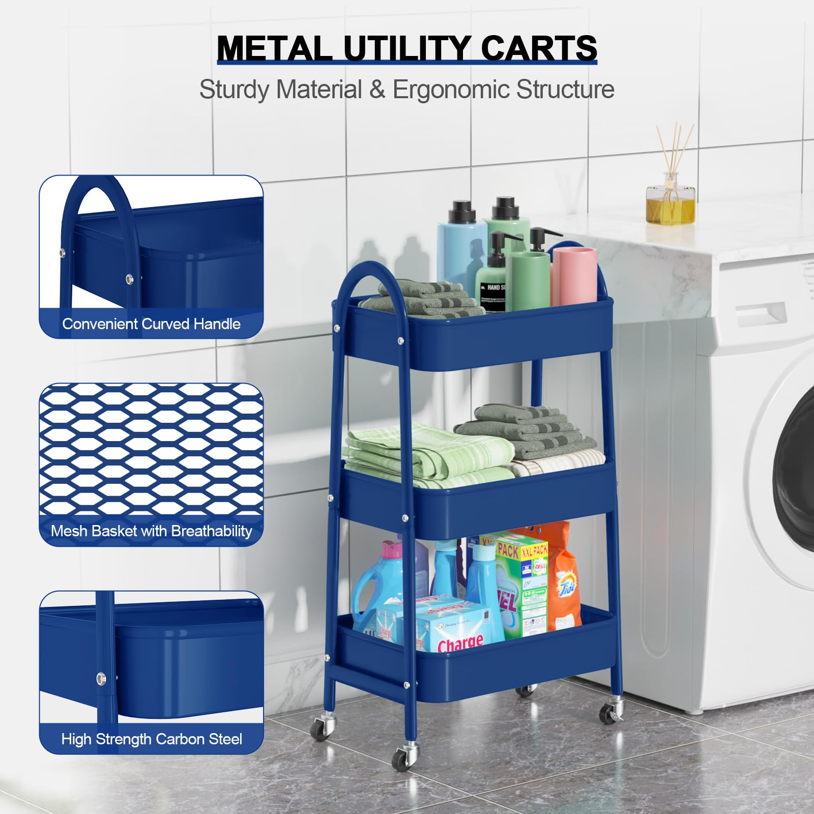 EAGMAK 3 Tier Rolling Cart, Large Metal Storage Cart with Handle and Lockable Wheels, Big Multifunctional Storage Organizer Trolley with Mesh Baskets for Kitchen, Living Room, Office, Garage (Beige)