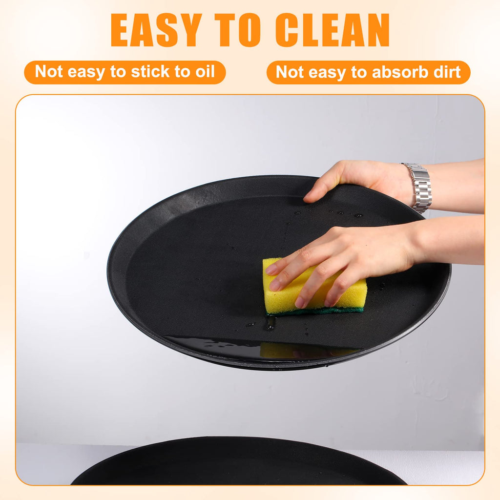Zopeal 2 Pieces Black Round Restaurant Serving Tray, Plastic Non Slip Surface Food Meals Server Tray with Raised Edges for Home, Kitchen, Restaurant, Cafeteria, Bar (11")