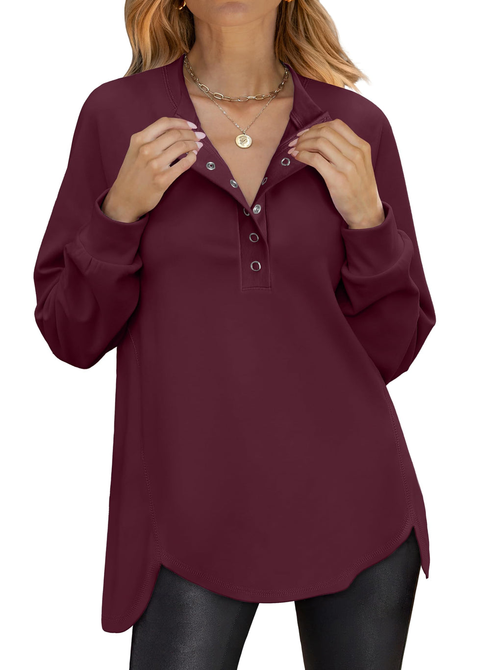 ANRABESS Women's Long Sleeve Henley Oversized Sweatshirts | Button Slit Hem Tunic Tops, Soft Loose Fit Pullover, School Work Office Outfits, Lounge Casual, Fall Winter Clothes
