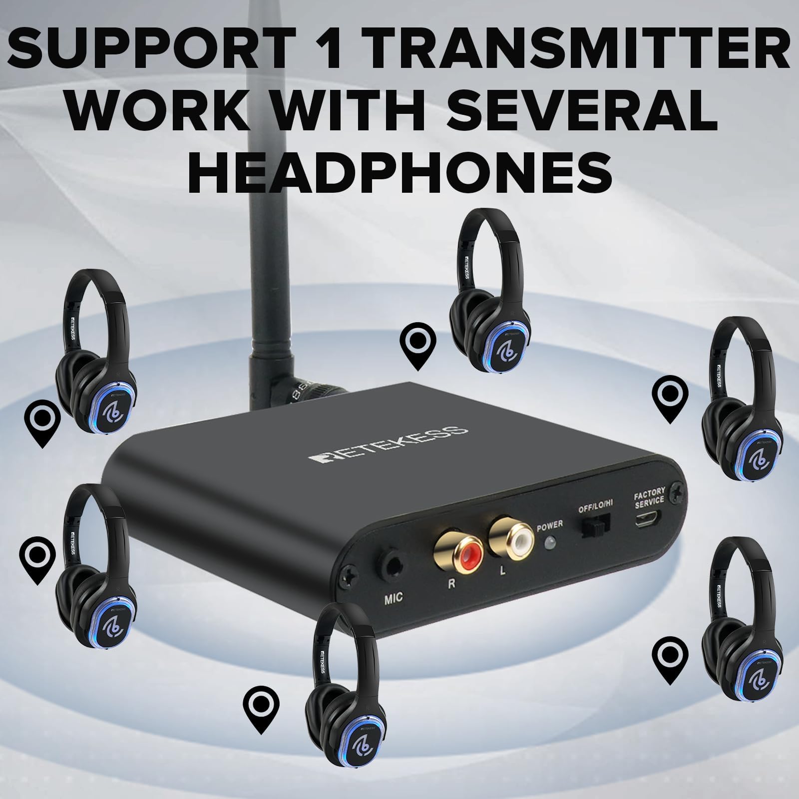 Retekess TA003 Silent Disco System, Silent Disco Transmitter, 3 Channels,Plug and Play, 300m Range for House Party, Fitness and School (1 Transmitter)