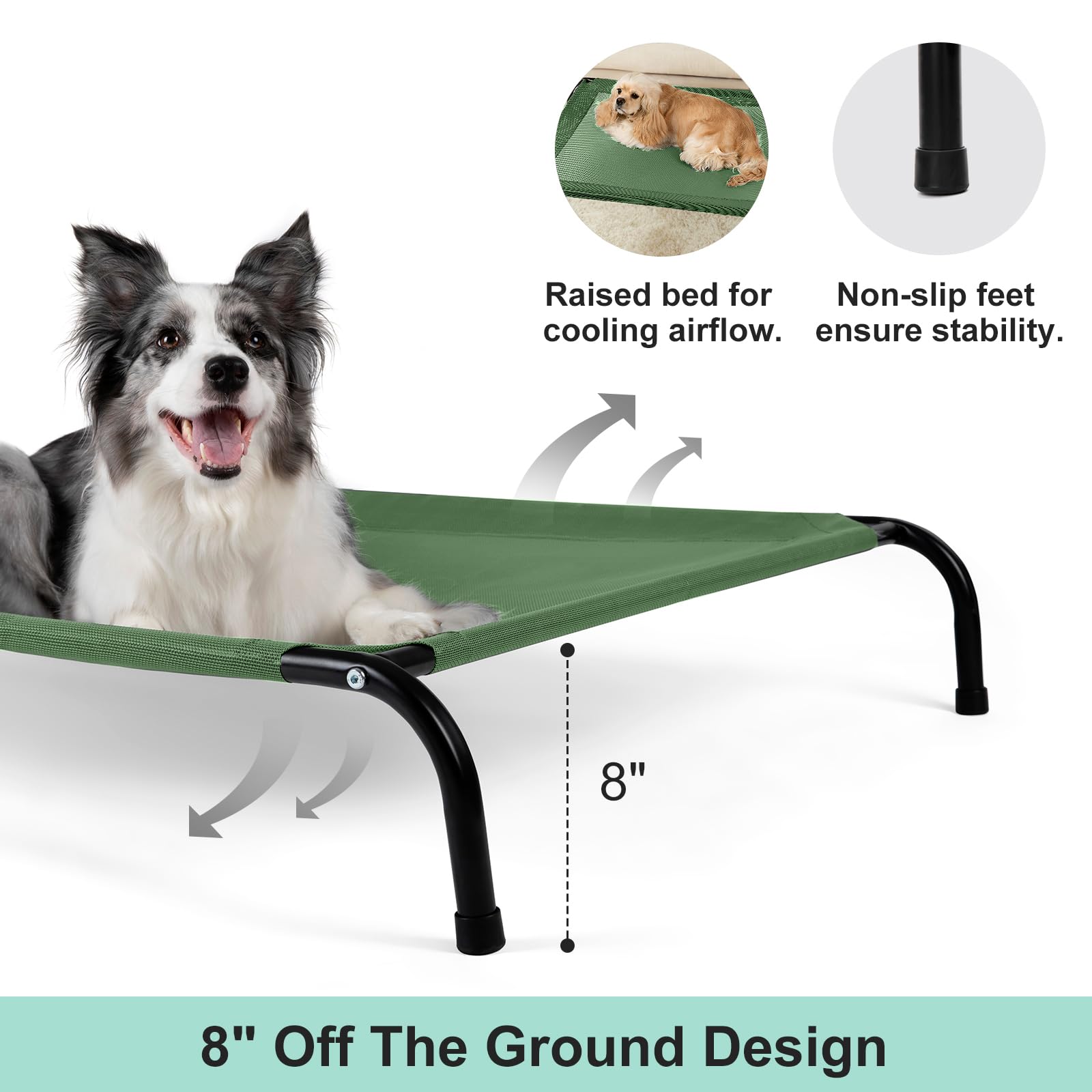 Cooling Elevated Dog Bed with Non-Slip Floor Protectors & Breathable Mesh, Raised Indoor & Outdoor Dog Cot Hammock, 34" L x 22" W x 8" Th, Small, Green