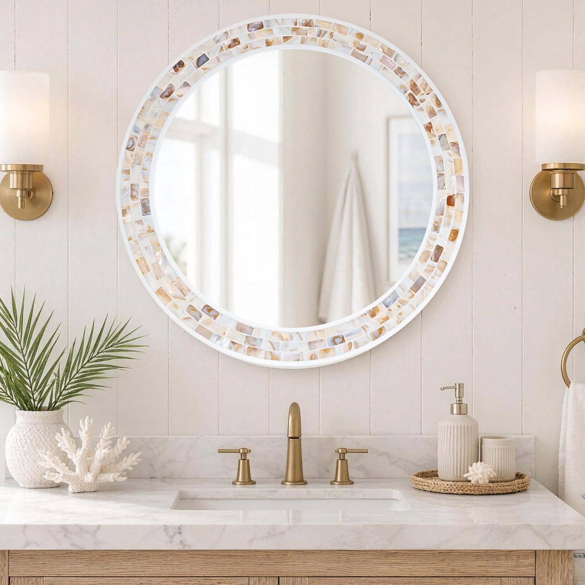 Tanmicoshomy Round Wall Mirror 24 Inch,Circle Mosaic Mirror with Natural Mother of Pearl and Wood Frame, Decorative Coastal Round Wall Mirror for Bathroom Bedroom Living Room Entryway