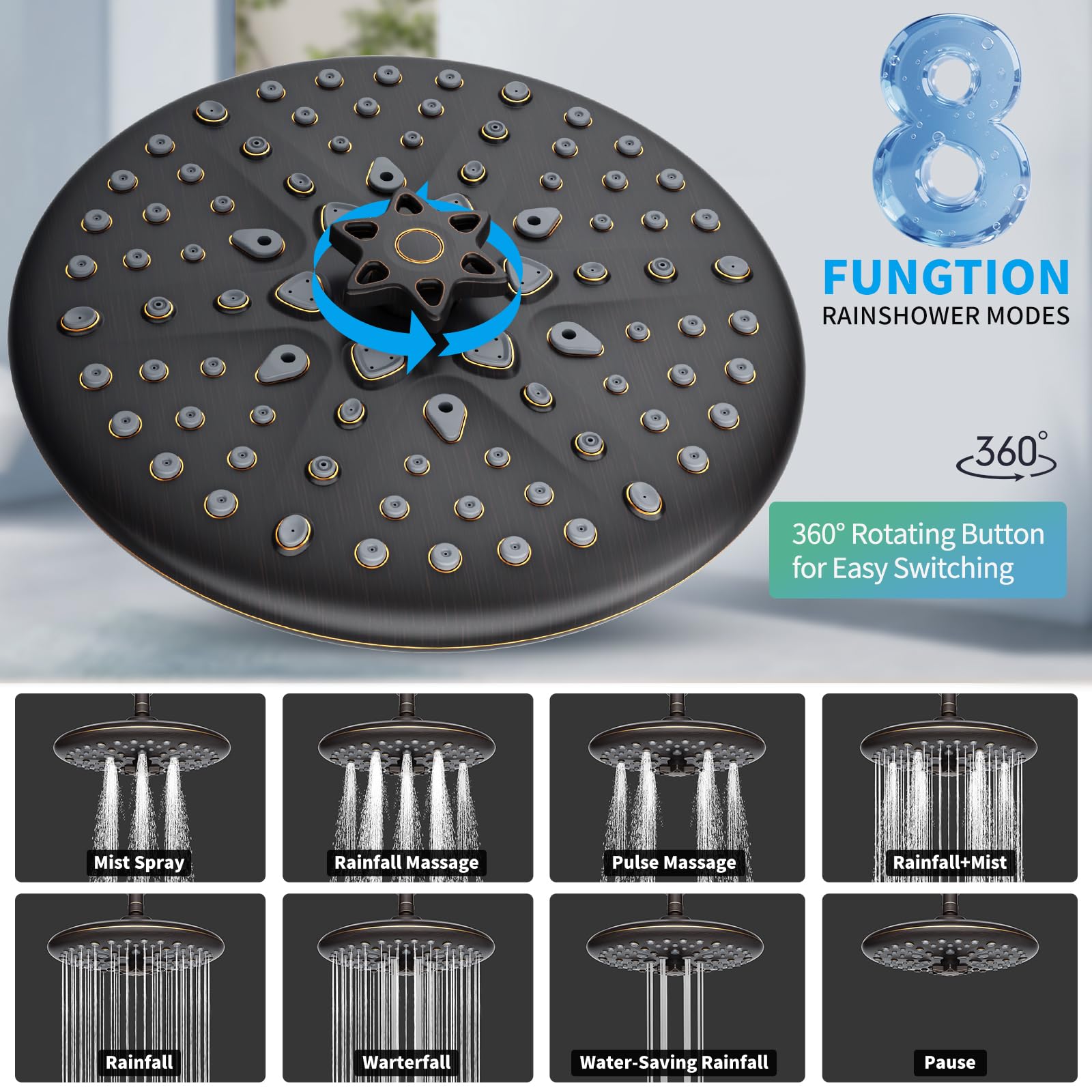 EMBATHER Shower Faucets Sets Complete, with 3 Setting High Pressure Shower Head Combo, Bathroom Wall Mounted Rainfall Shower System Fixtures with 8-Mode Handheld Spray, Brushed Nickel