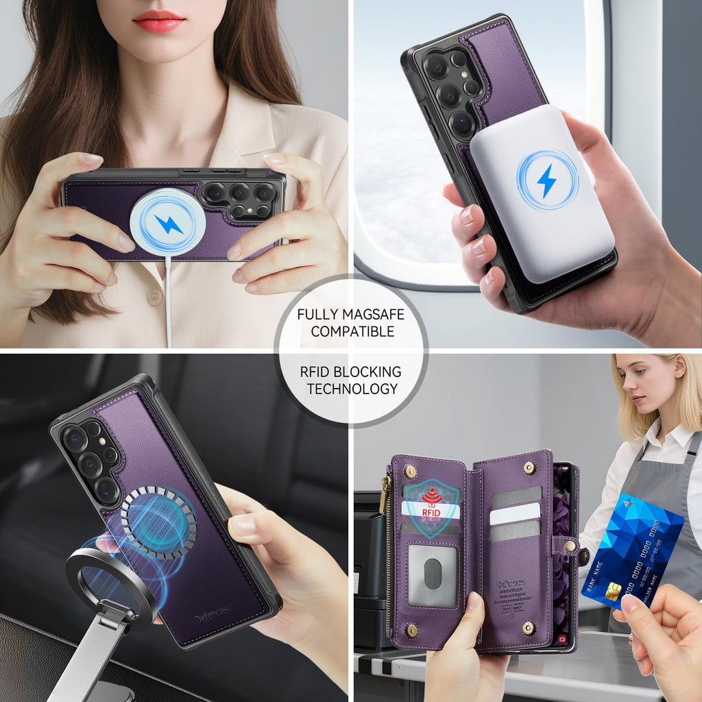 Defencase for Samsung Galaxy S25 Ultra Magnetic Wallet Case Compatible with Magsafe with RFID Blocking Zipper & Card Holder Women, PU Leather Detachable Phone Case for Galaxy S25 Ultra 6.9", Black