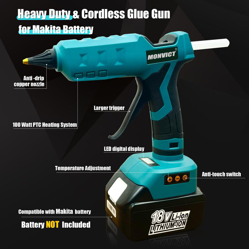 MONVICT Cordless Glue Gun for Dewalt 20V Battery, Upgraded 100W Digital Temperature Adjustable Handheld Electric Power Full Size Heavy Duty Hot Glue Gun with 10 Glue Sticks (Battery Not Included)