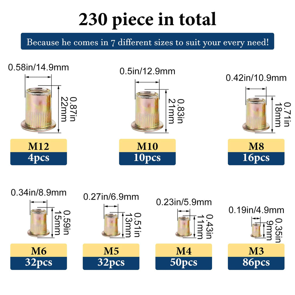 1/2''-13 UNC Rivet Nut, 10Pcs 304 Stainless Steel Flat Head Rivnut Threaded Insert Nutsert