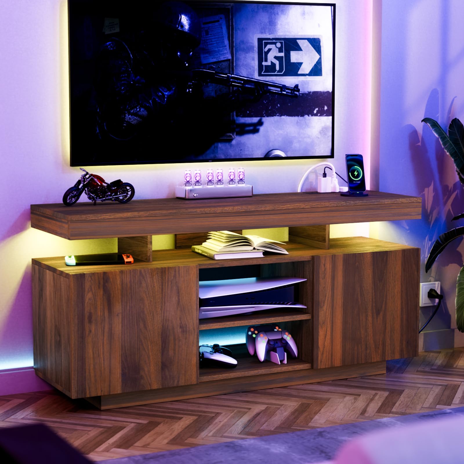 HOMMPA Modern LED TV Stand for 55 Inch TV, Black Tall TV Console with Power Outlet, Entertainment Center with Storage, High Gloss Gaming Media Console Cabinet for Living Room (47 Inch)