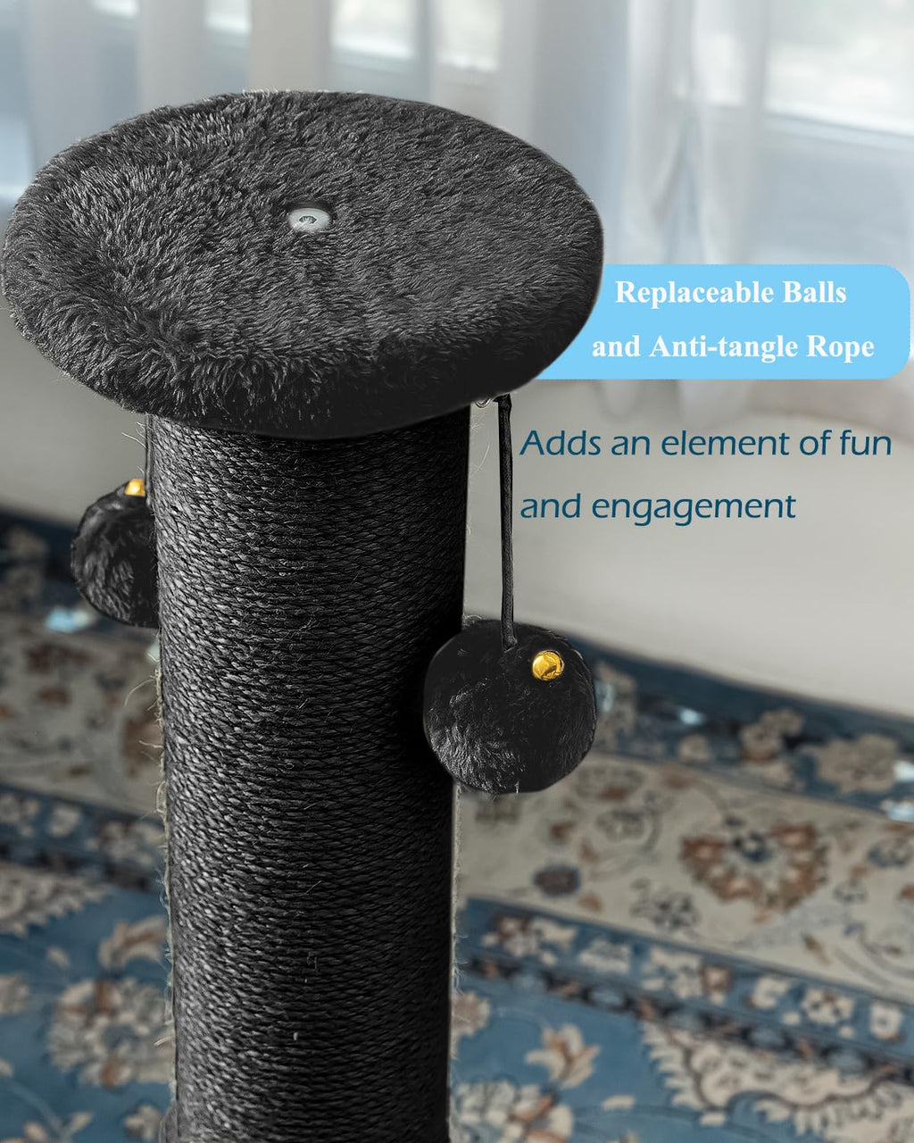 34Inch Tall Cat Scratching Post,4.3Inch Diameter Large Sisal Cat Scratch Post with Ball, Sturdy and Durable Cat Scratcher for Indoor Cats Adults Black