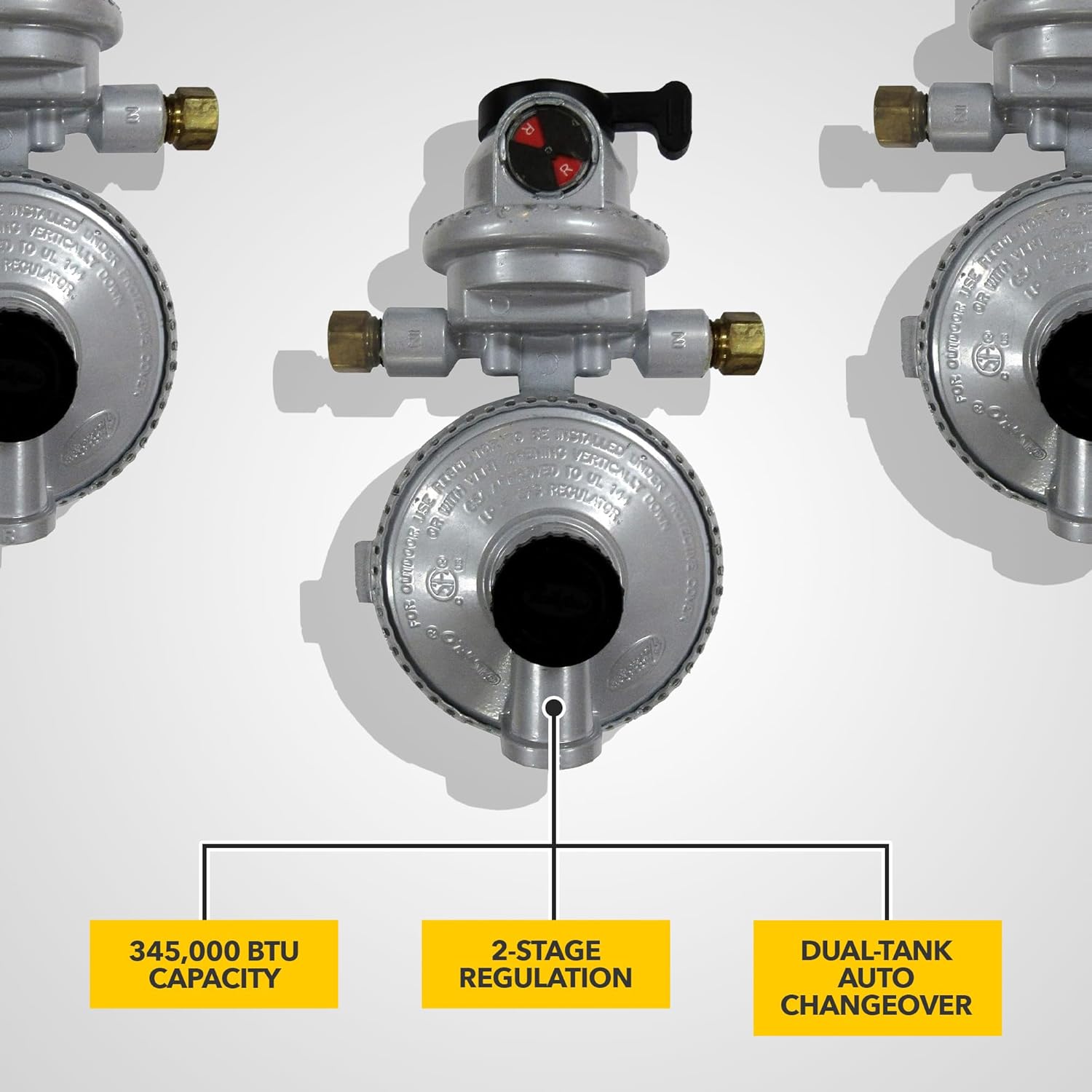 Fairview GR-9984 RV Camper LP Propane 2-Stage Automatic Changeover Regulator – Dual Tank Auto Changeover, 345,000 BTU, 11" WC, 3/8" NPT Outlet, 1/4" Inverted Flare Inlets, 8" x 4" x 3"