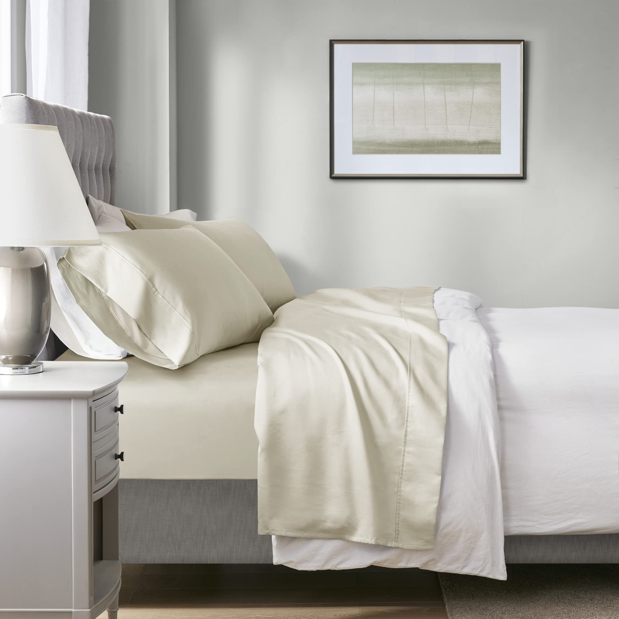 Beautyrest 1000 Thread Count, Solid Color Sheet Set, Elastic Deep Pocket, All Season, Breathable, HeiQ Smart Temperature, Soft Cotton Blend Bedding, Matching Pillowcase, King Ivory 4 Piece