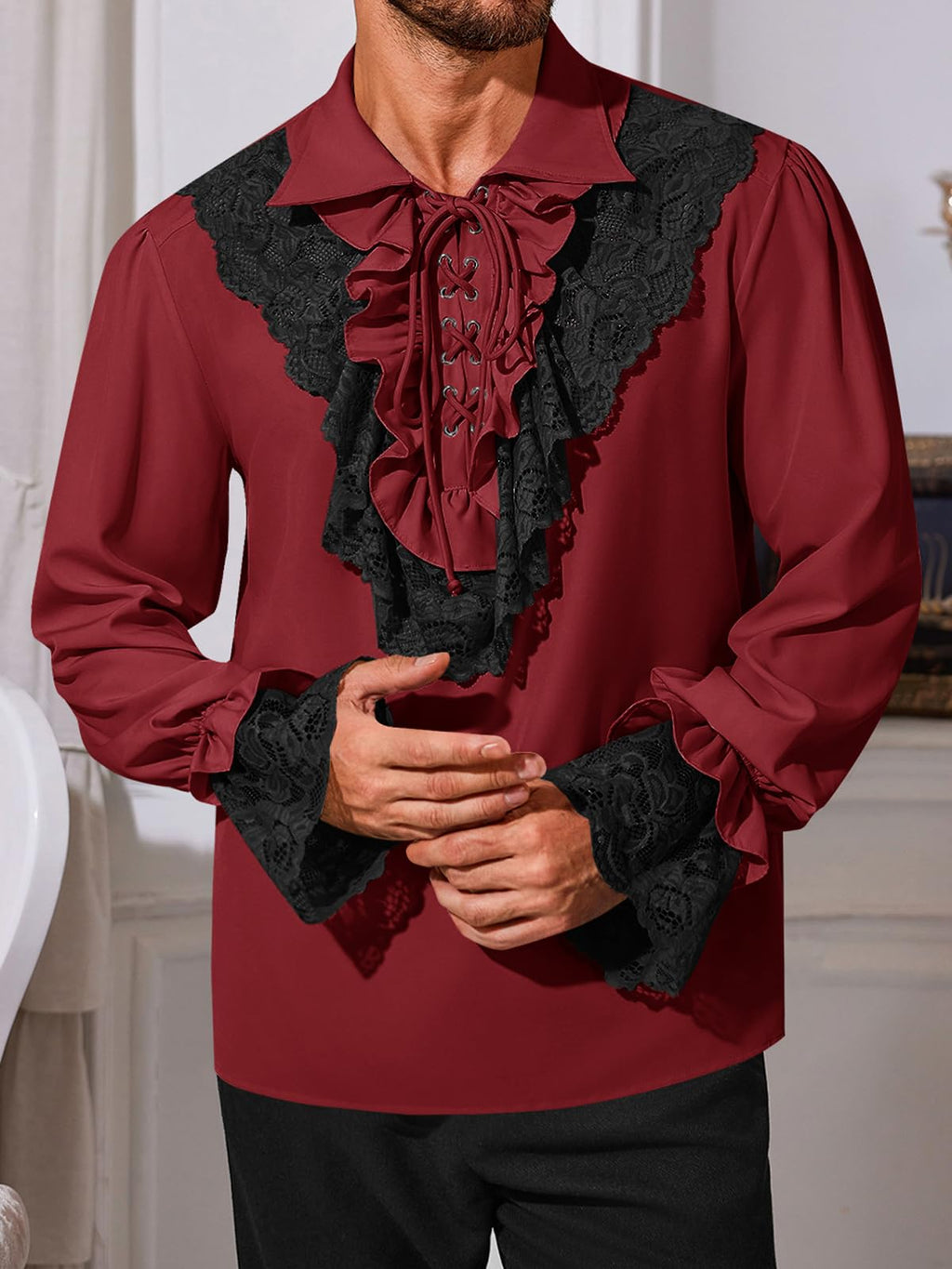 Runcati Mens Pirate Shirt Ruffle Renaissance Victorian Vampire Poet Shirts Steampunk Gothic Medieval Lace Costume