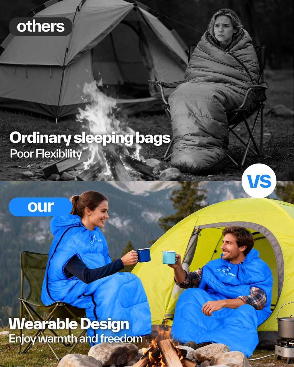 Sportneer Wearable Sleeping Bag for Adults & Kids – Walkable with Arm Zippers, Warm Weather & Cold Waterproof, Compact for Camping, Stadiums, Travel, Backpacking & Car Use