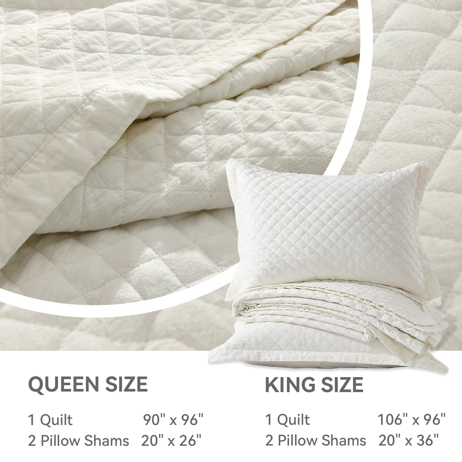 Grassix Linen Quilt Set Queen Size 3-Piece, 100% Linen Front & Cotton Back, Prewashed Diamond Stitch Bedspread with 2 Shams, Lightweight Breathable Quilt for Hot Sleepers, Modern Farmhouse Bedding