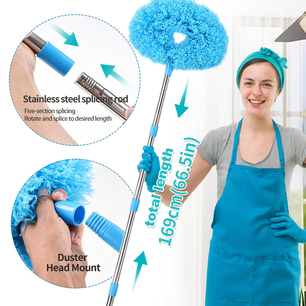 Ceiling Fan Cleaner Duster Reusable Microfiber Removable Duster with Extension Pole Adjusts 12 to 71 Inch for Cleaning Walls Bookshelves Furniture Door Window Top (Blue)