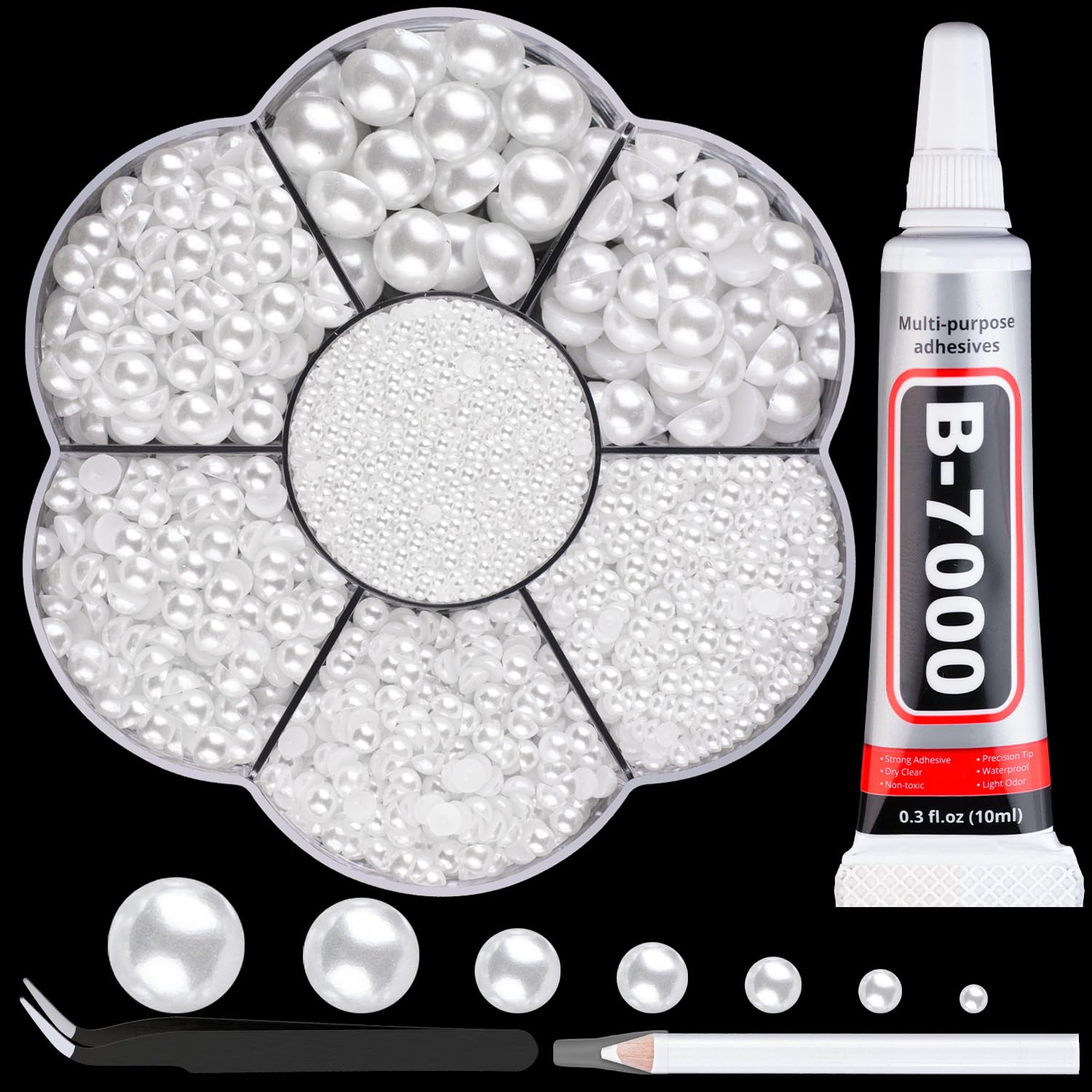 BELLEBOOST 5600pcs ABS Round Flat Back Beige Pearls Kit with Pickup Tools for Nail Art, Face, Body Decorations