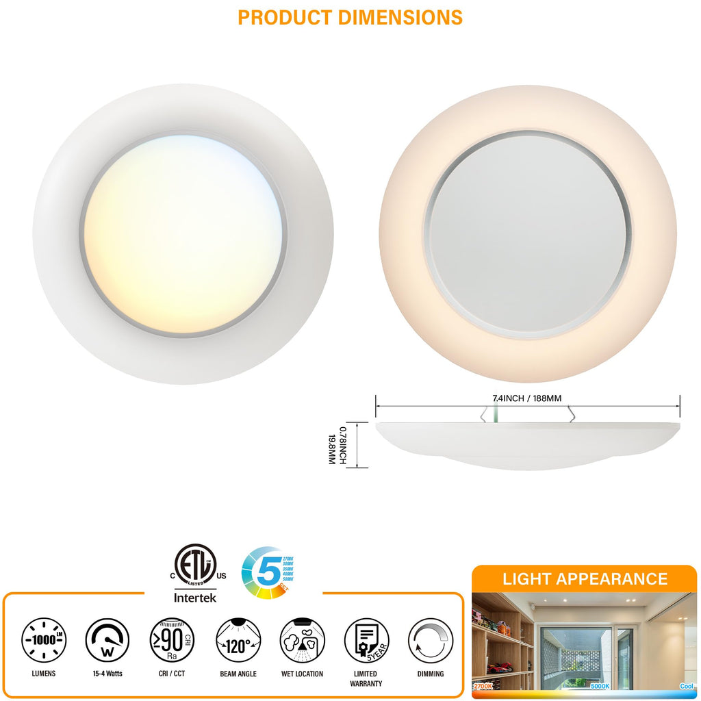 6 Inch LED Low Profile Disk Light with Night Light, 120VAC, 15W, 5CCT Color Changing, 1000LM, Dimmable, ETL, Shower Wet Rated Screw in Flush Mount Ceiling Light, White/1 Pack