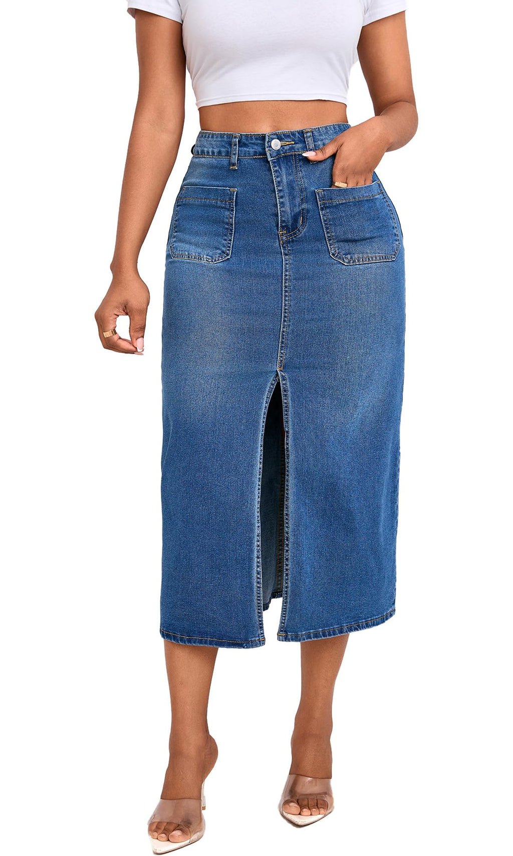 Jean Skirt for Women Denim Skirt High Waist Stretch Midi Denim Skirts with Pockets